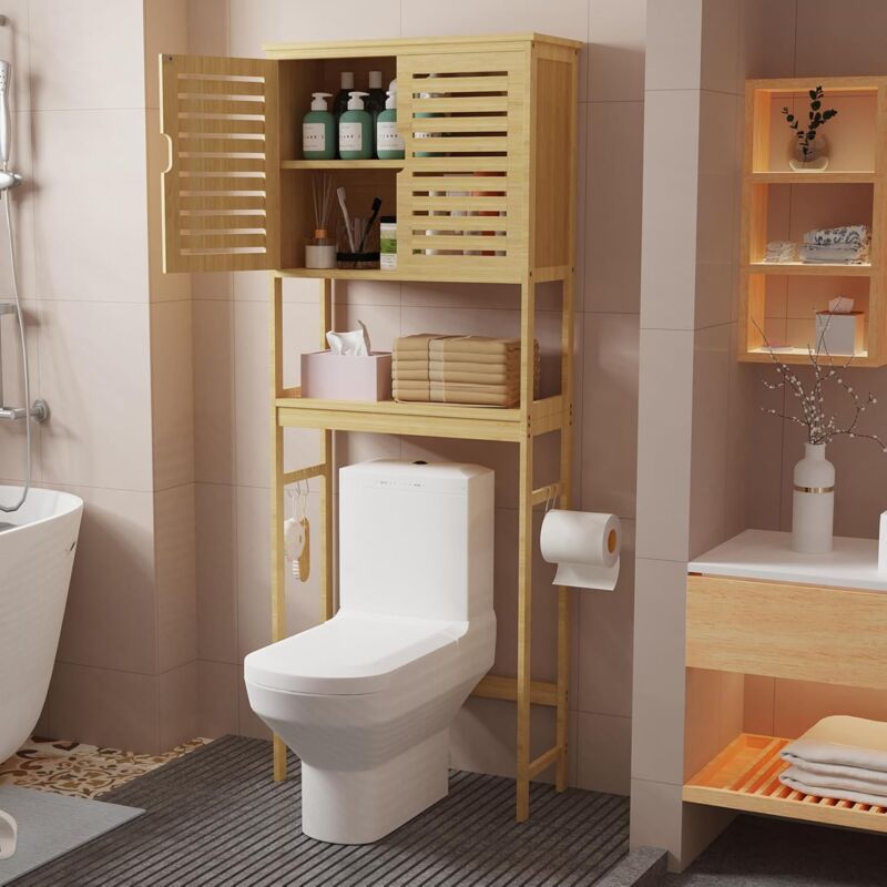 foto del prodotto mobile sopra wc lavatrice bagno in bambu scaffale salvaspazio mobiletto portaoggetti con ripiani mensole 63x26x174 cm