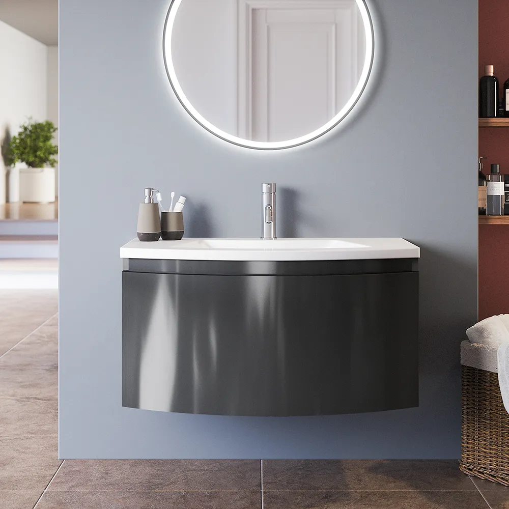 foto del prodotto mobile sospeso 100 cm grigio lucido con un cassetto e lavabo in ceramica, frontale curvo lula
