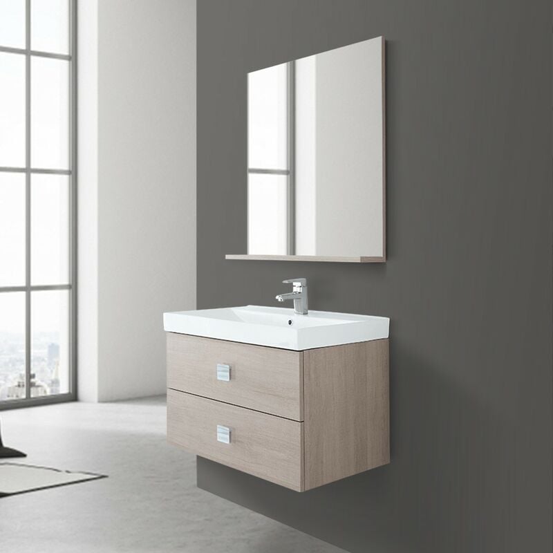 foto del prodotto mobile sospeso 2 cassetti rovere chiaro 75x51 cm con specchio e mensola