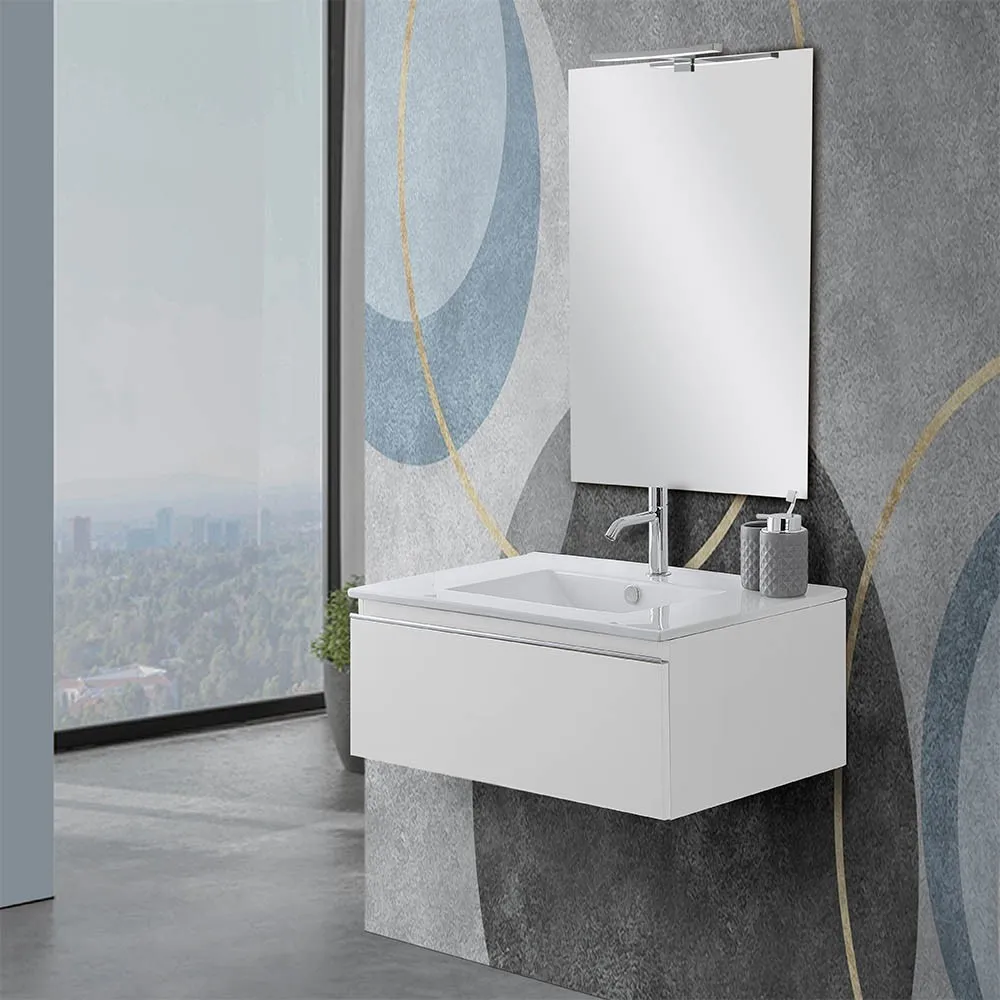 foto del prodotto mobile sospeso 80 cm bianco lucido con lavabo incasso e specchio iside