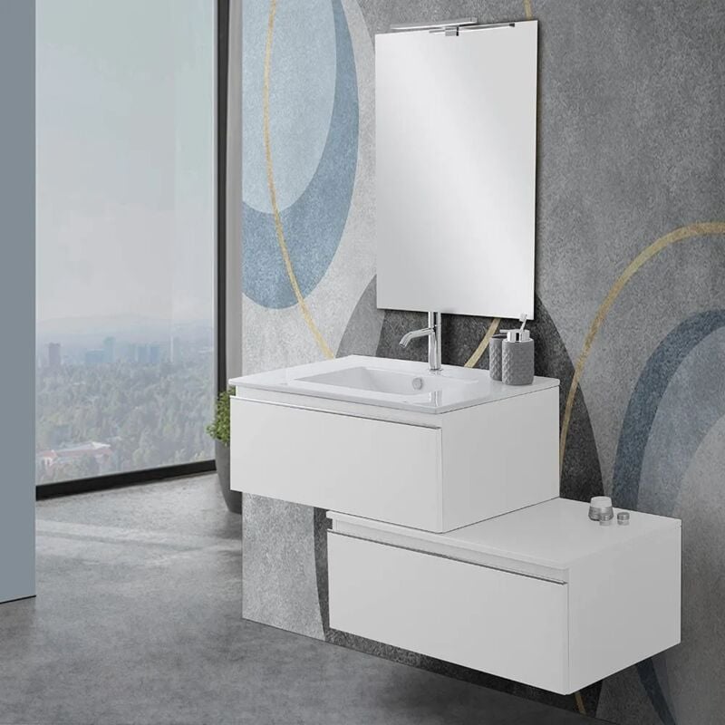 foto del prodotto mobile sospeso 80 cm bianco lucido doppia base lavabo e specchio iside