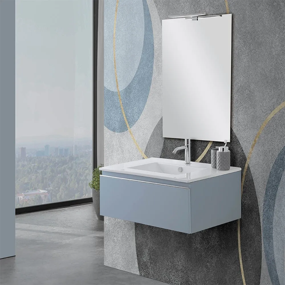 foto del prodotto mobile sospeso 80 cm blu pastello con lavabo incasso e specchio iside