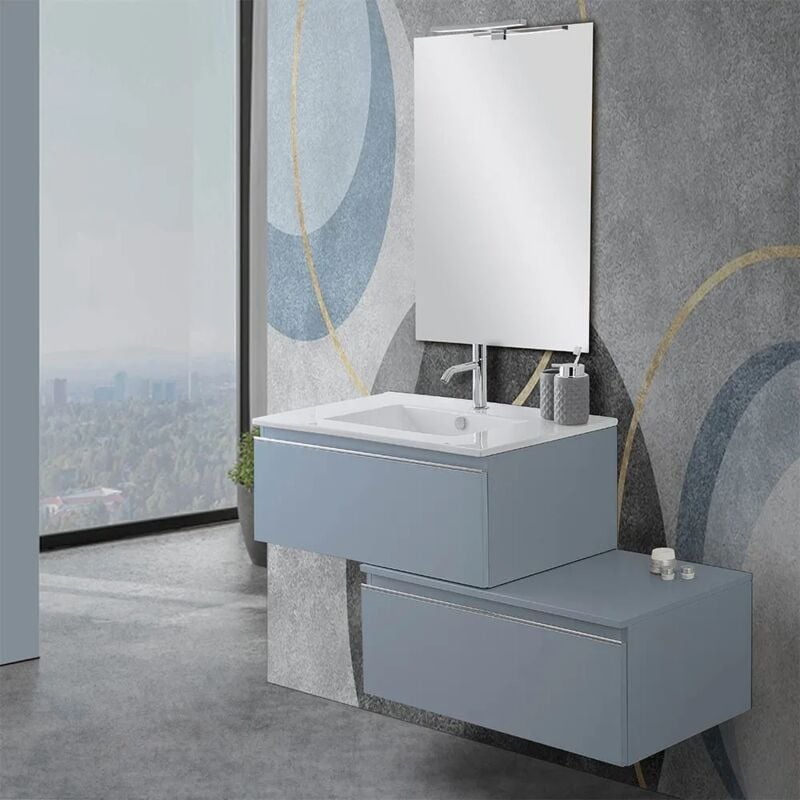 foto del prodotto mobile sospeso 80 cm blu pastello doppia base lavabo e specchio iside