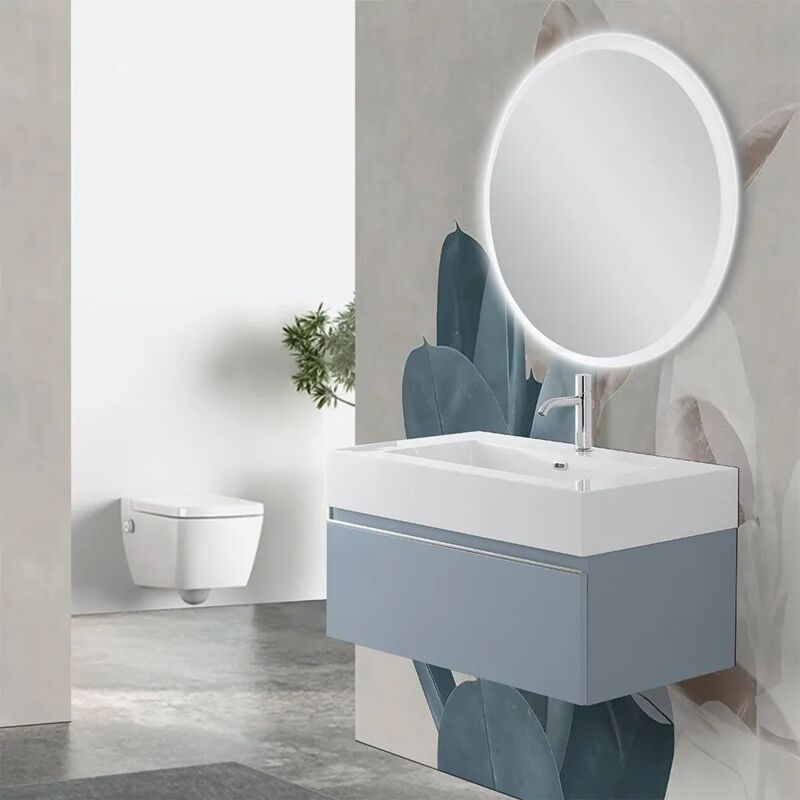 foto del prodotto mobile sospeso 80 cm blu pastello lavabo in resina e specchio led iside