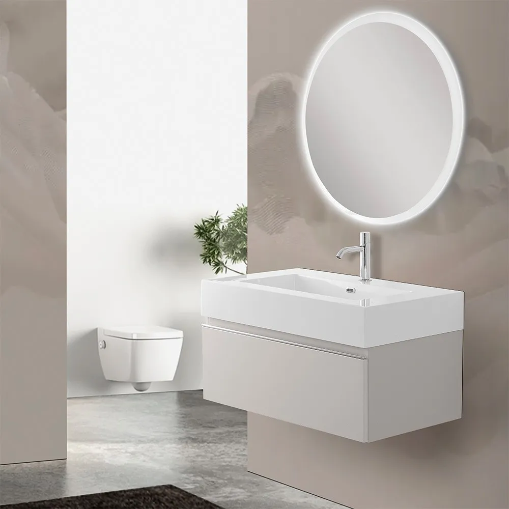 foto del prodotto mobile sospeso 80 cm grigio perla lavabo in resina e specchio led iside