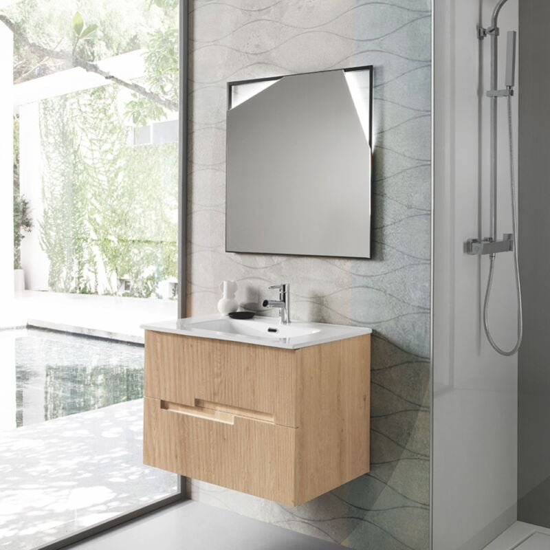 foto del prodotto mobile sospeso bagno 70 cm con lavabo e specchio led rovere chiaro righe