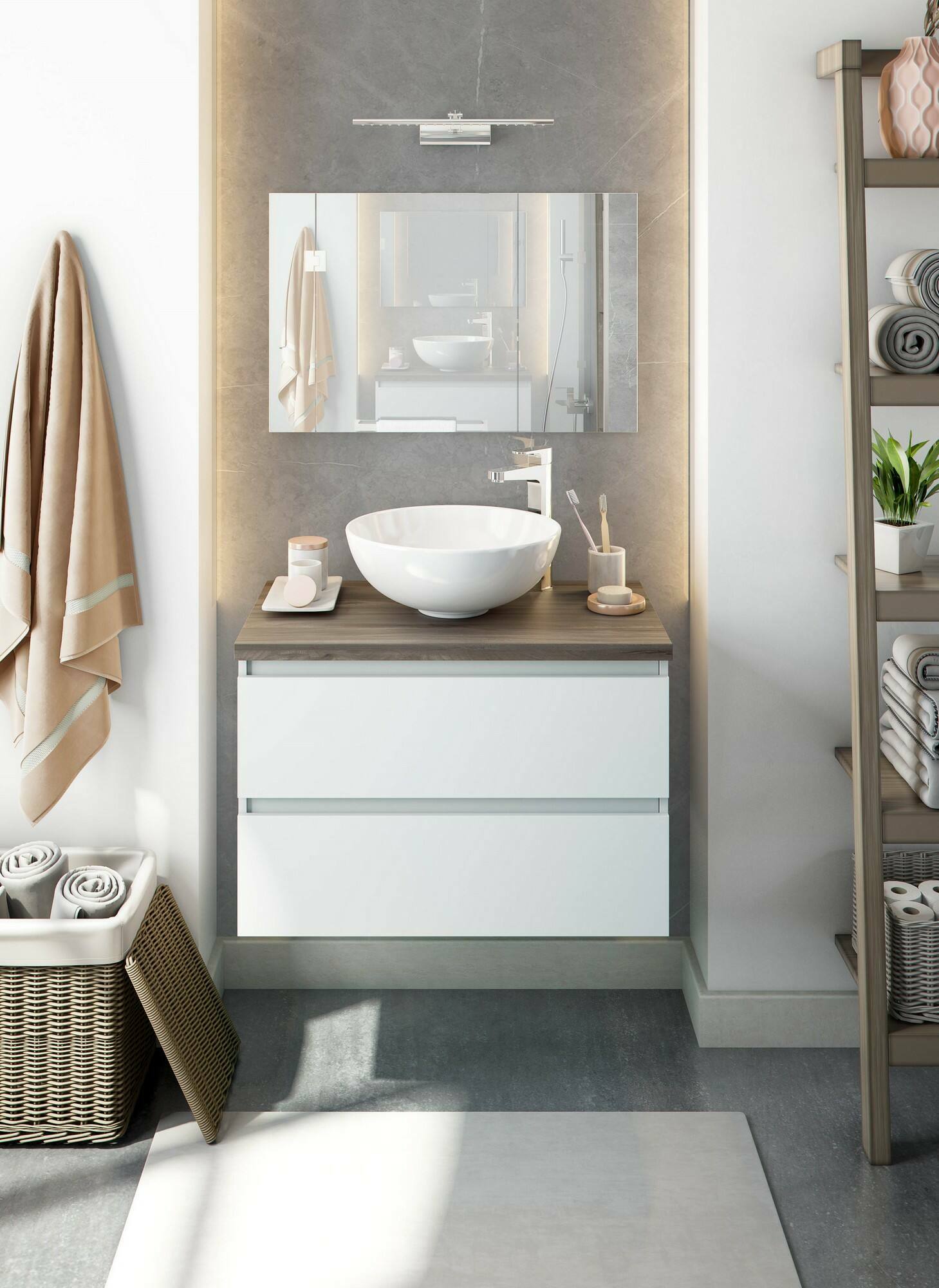 foto del prodotto mobile sottolavabo alakdan, mobiletto da bagno, contenitore porta lavabo, armadio per lavandino, 79x46 h53 cm, bianco lucido e olmo
