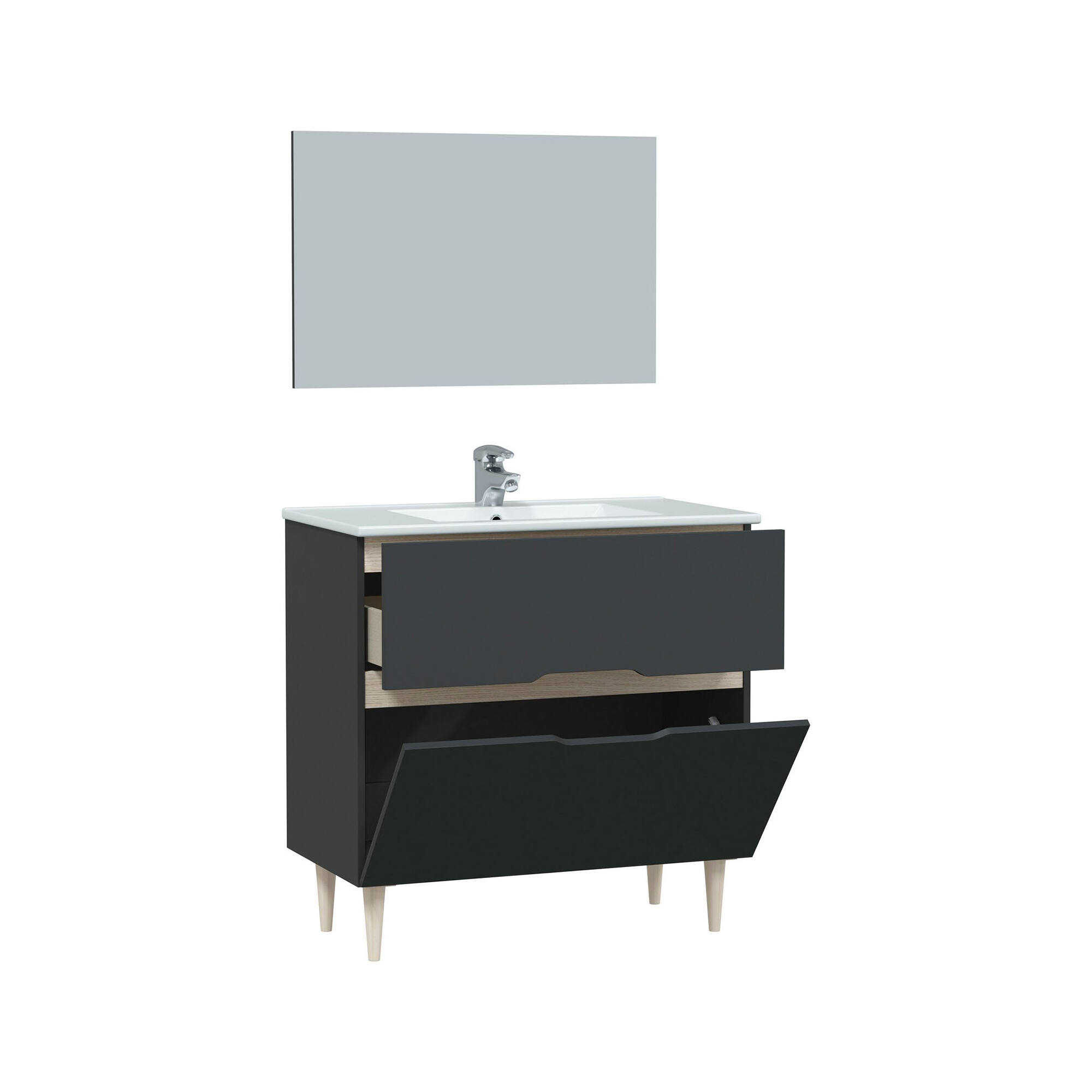 foto del prodotto mobile sottolavabo avona, sotto lavabo bagno, mobiletto da bagno con specchio, lavabo non incluso, 80x45h80 cm, antracite e rovere