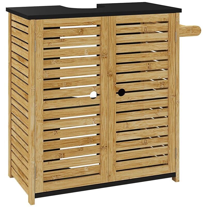 foto del prodotto mobile sottolavabo bagno con 2 ante a doghe. porta asciugamani e intaglio a u. legno e nero