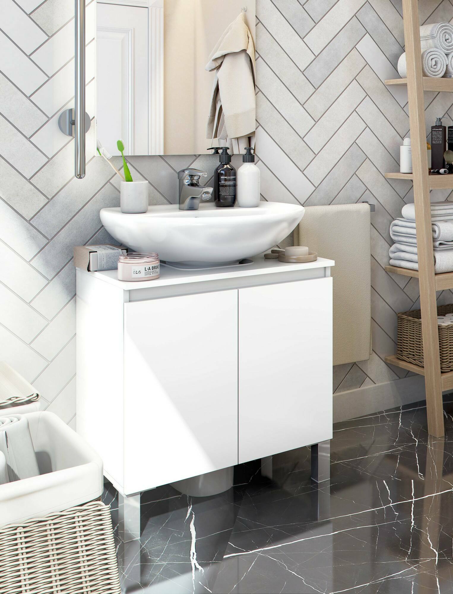 foto del prodotto mobile sottolavabo jerome, mobiletto da bagno, contenitore porta lavabo, armadio per lavandino, 60x40 h64 cm, bianco lucido