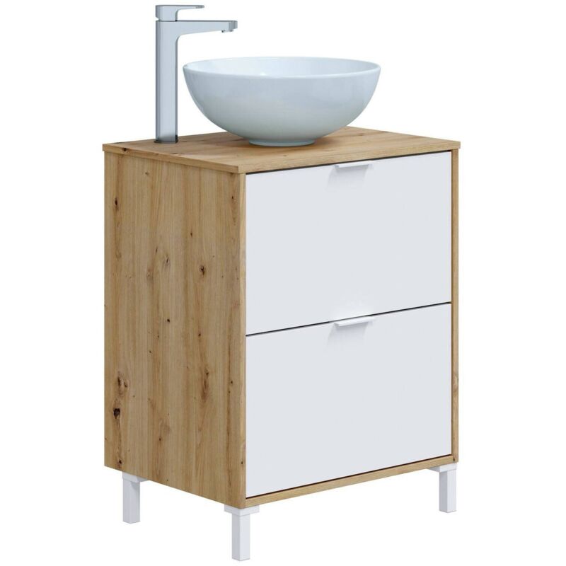foto del prodotto mobile sottolavabo lisbona, mobiletto da bagno, contenitore porta lavabo, armadio per lavandino, 61x46 h79 cm, rovere nodi e bianco lucido - dmora