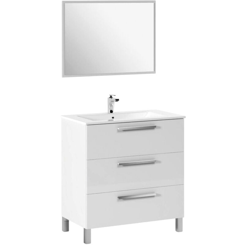 foto del prodotto mobile sottolavabo, mobiletto per bagno, armadio a 3 cassetti e specchio, lavabo non incluso, cm 80x45h86, bianco lucido