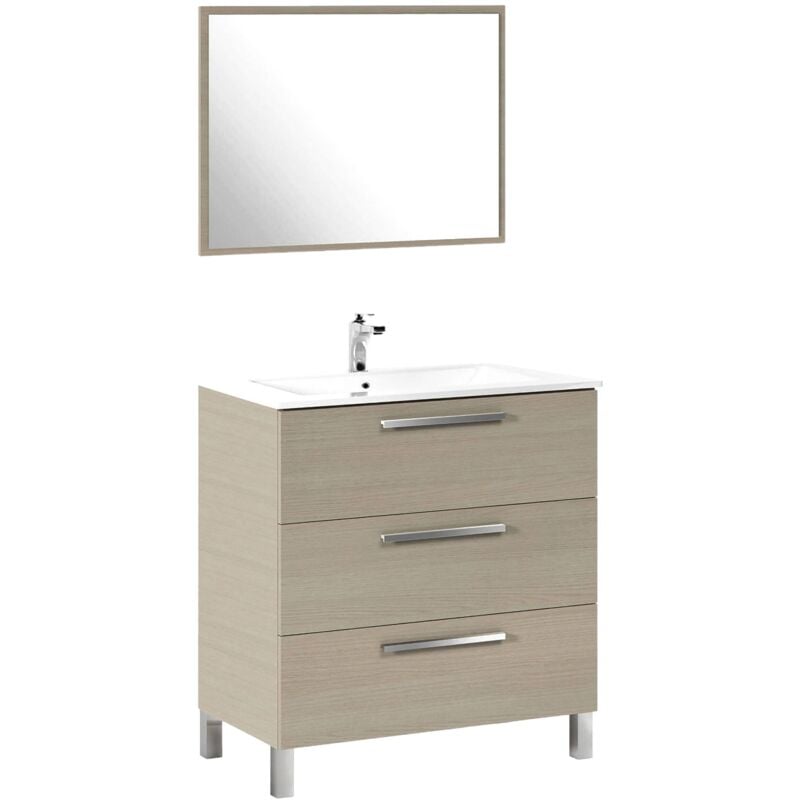 foto del prodotto mobile sottolavabo, mobiletto per bagno, armadio a 3 cassetti e specchio, lavabo non incluso, cm 80x45h86, rovere