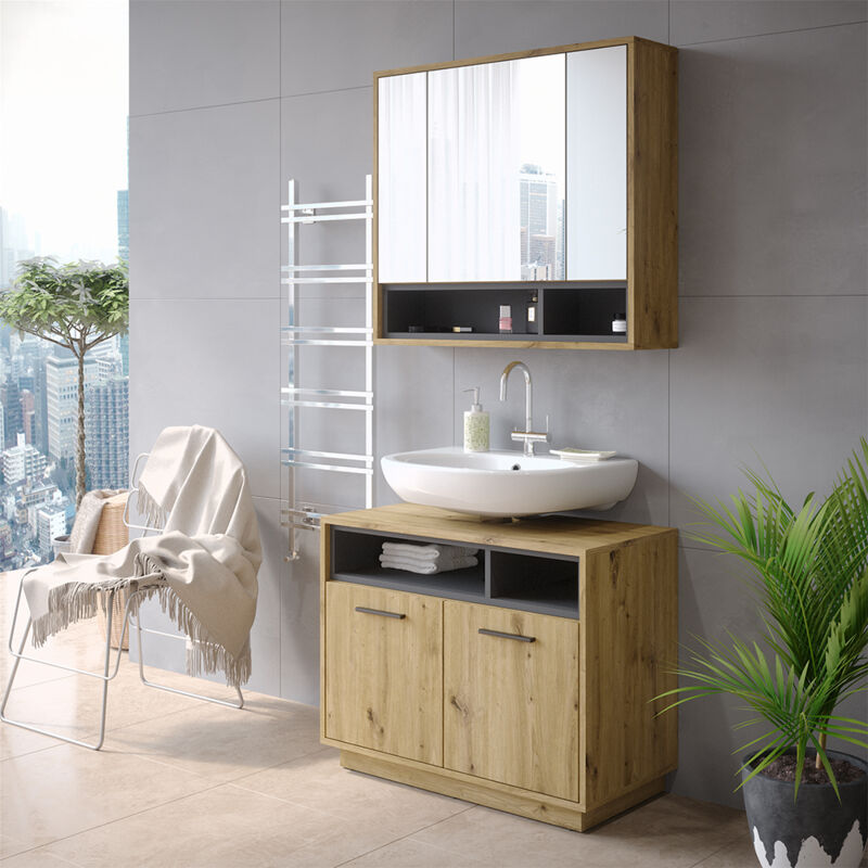 foto del prodotto mobile sottolavabo per bagno beatrice, rovere artigianale antracite, 80 x 64 cm vicco