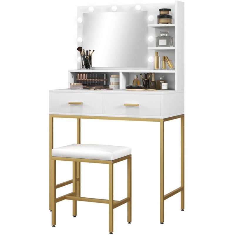 foto del prodotto mobile toeletta con specchio 2 cassetti 5 ripiani e sgabello 80x40x138 cm in mdf e truciolato bianco