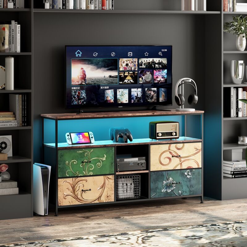 foto del prodotto mobile tv 108 cm con 4 cassetti e illuminazione led, gambe regolabili in altezza, struttura in ferro, mobile tv moderno marrone