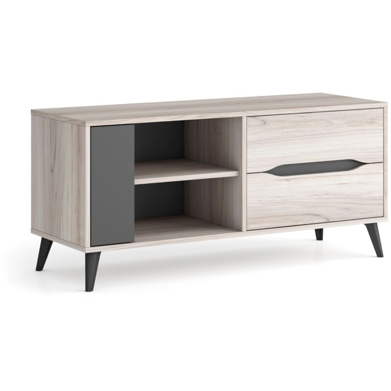 foto del prodotto mobile tv 110, 2 cassetti 1 porta, soggiorno, modello kai, colore rovere, grigio, 113x40x52 cm altezza. skraut home