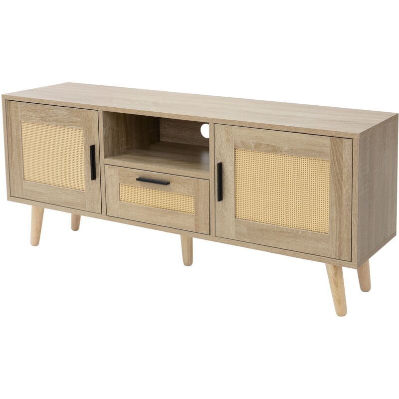 foto del prodotto mobile tv 120x50,5x30 cm effetto rovere tavolo tv con 2 ante cassetto ripiano pannello tv in rattan piedini in legno massiccio per soggiorno fino a
