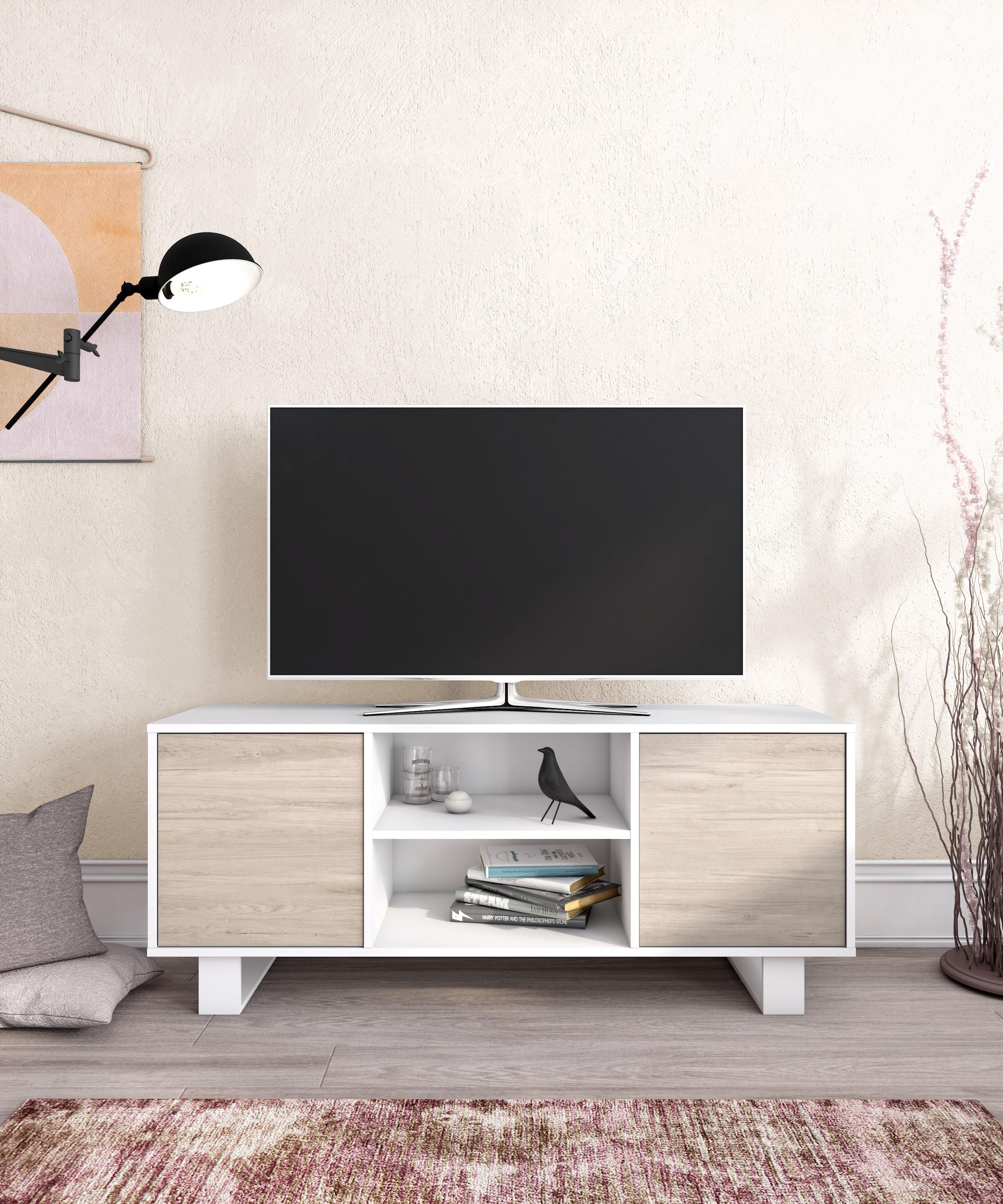 foto del prodotto mobile tv 137x40x57cm a 2 porte soggiorno colore bianco e colore rovere modello wind rf1023