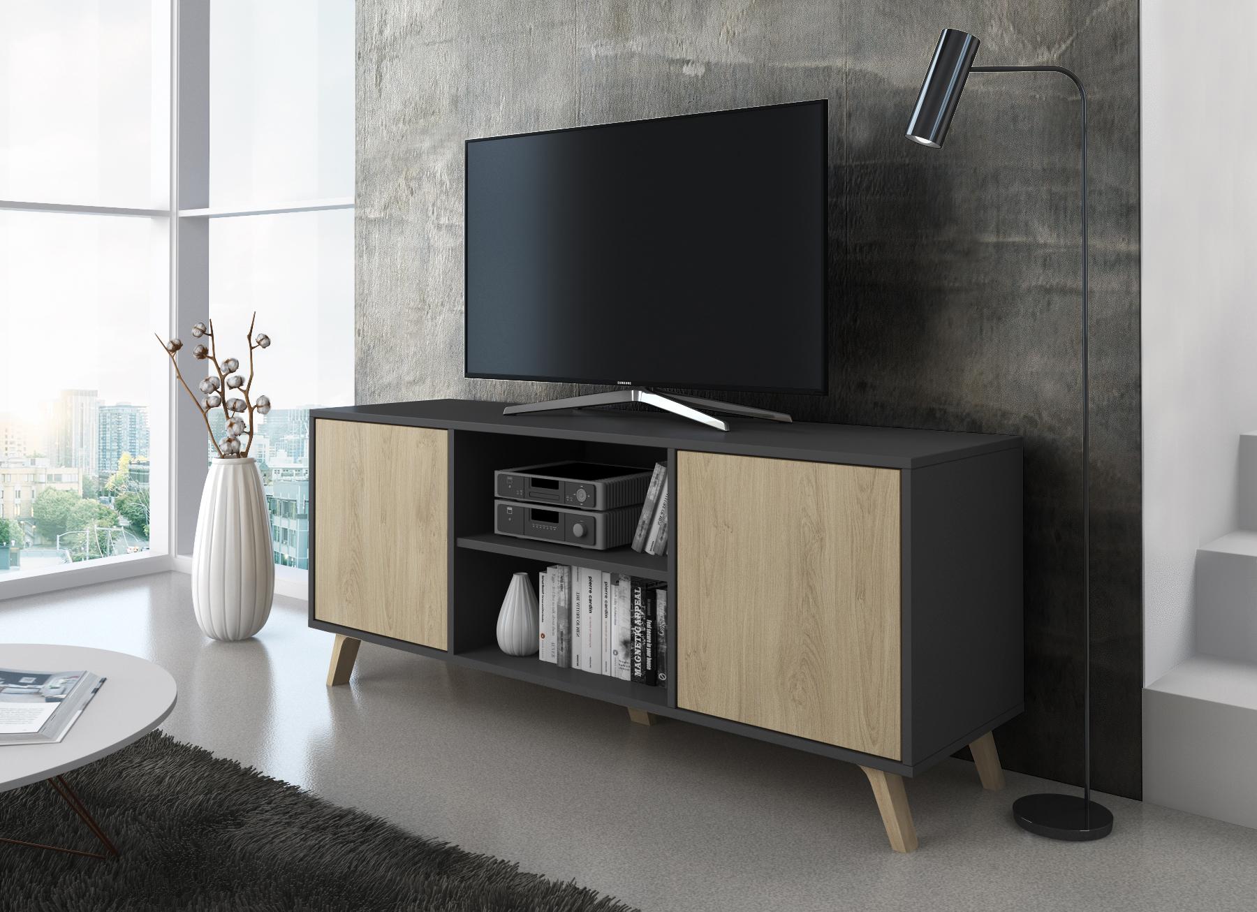 foto del prodotto mobile tv 137x40x57cm a 2 porte soggiorno colore grigio antracite e rovere modello wind rf616