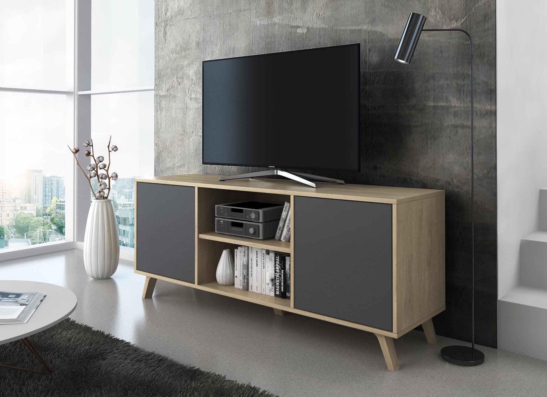 foto del prodotto mobile tv 137x40x57cm a 2 porte soggiorno colore rovere e porte colore grigio antracite modello wind rf615