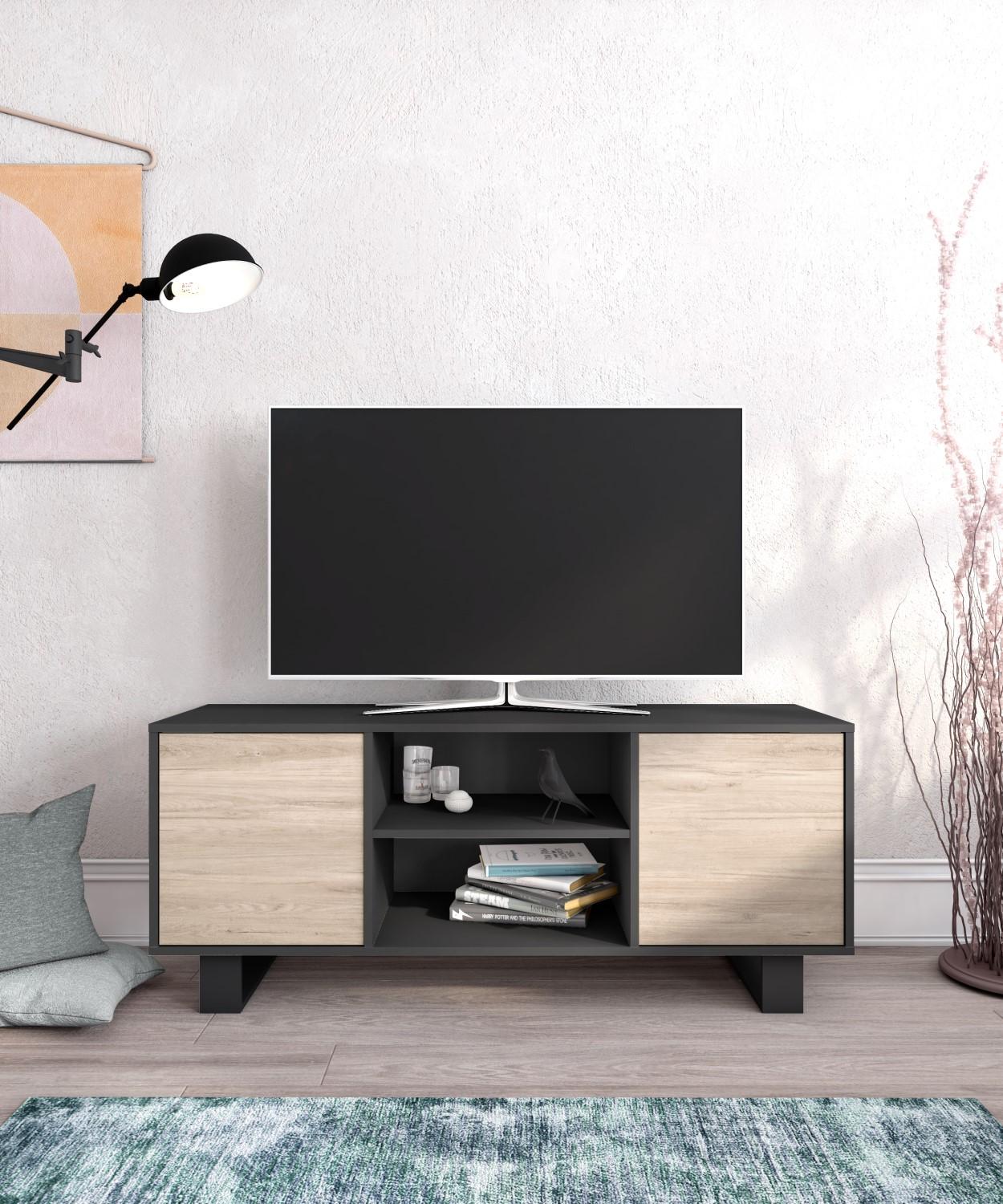 foto del prodotto mobile tv 137x40x57cm con 2 porte soggiorno colore grigio antracite e colore rovere modello wind rf1006