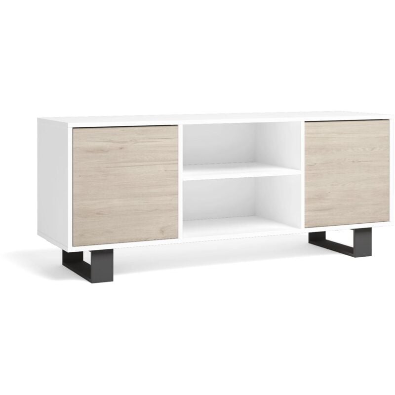 foto del prodotto mobile tv 140 a 2 porte, soggiorno, modello wind, colore struttura bianco, colore porte rovere, misure 137x40x57cm di altezza. skraut home