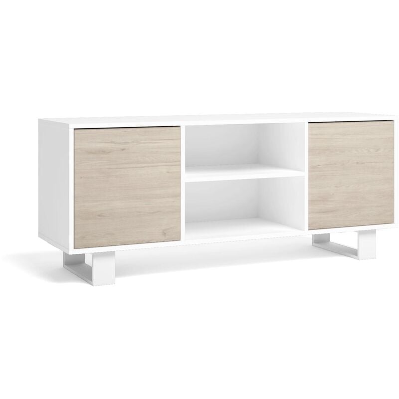 foto del prodotto mobile tv 140 a 2 porte, soggiorno, modello wind, colore struttura bianco, colore porte rovere, misure 137x40x57cm di altezza. skraut home