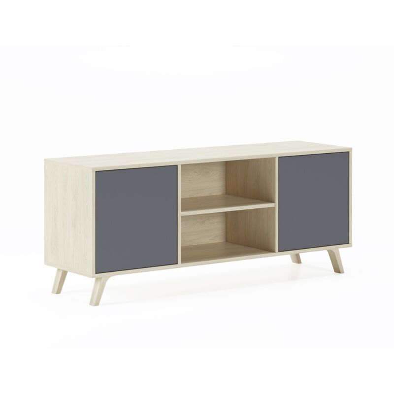 foto del prodotto mobile tv 140 a 2 porte, soggiorno, modello wind, struttura colore puccini, porte colore grigio antracite, misure 140x40x57cm di altezza. skraut