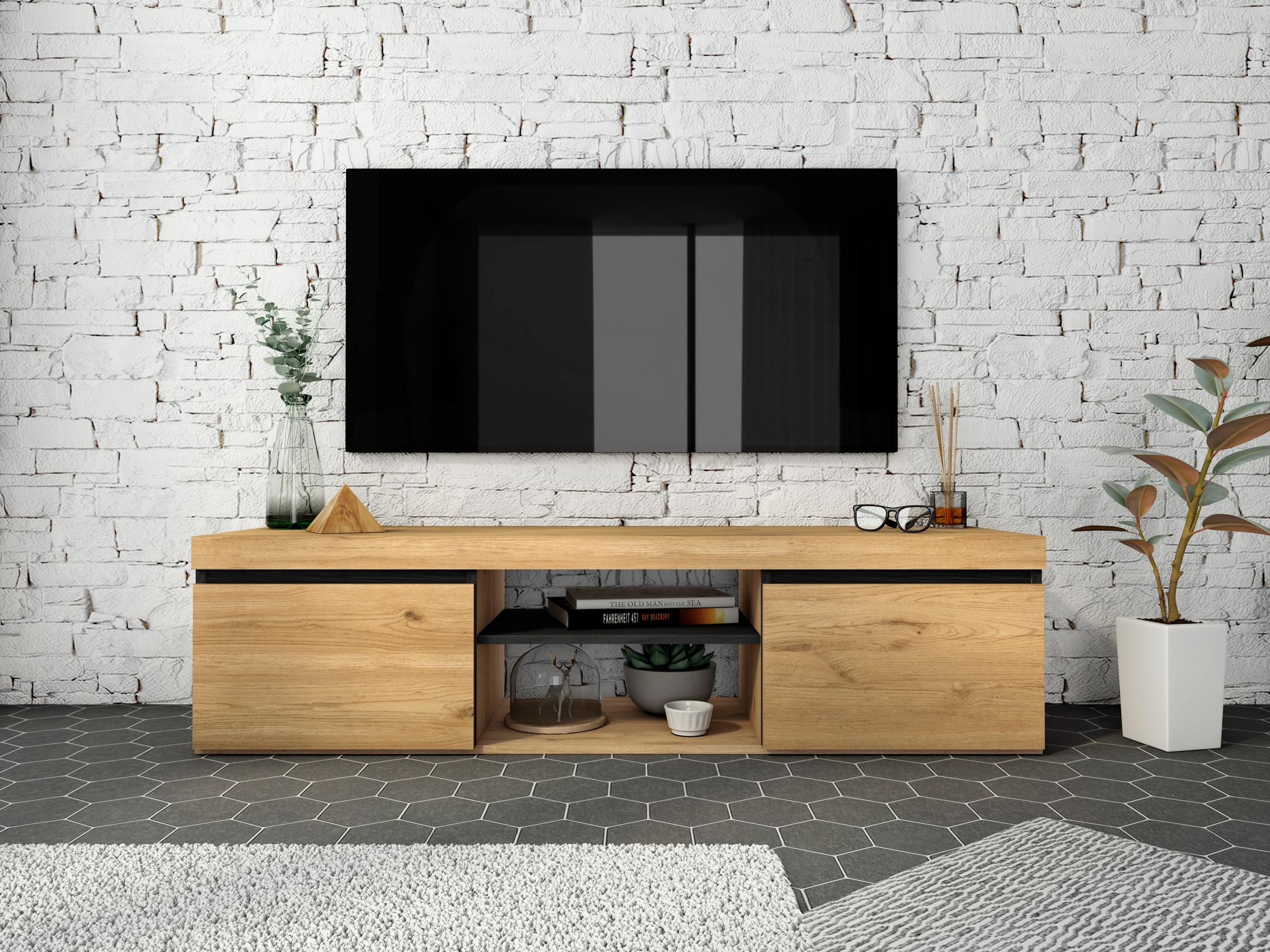 foto del prodotto mobile tv 140x40x41cm per soggiorno con 2 porte e 2 comparti colore rovere e nero modello naturale rf890