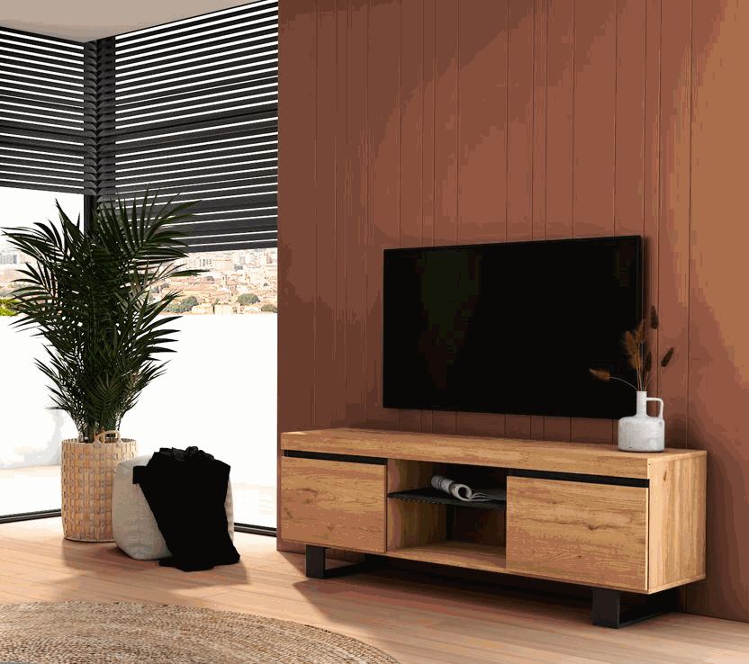 foto del prodotto mobile tv 140x40x53cm con 2 porte e 2 alloggi colore rovere e nero modello naturale rf983