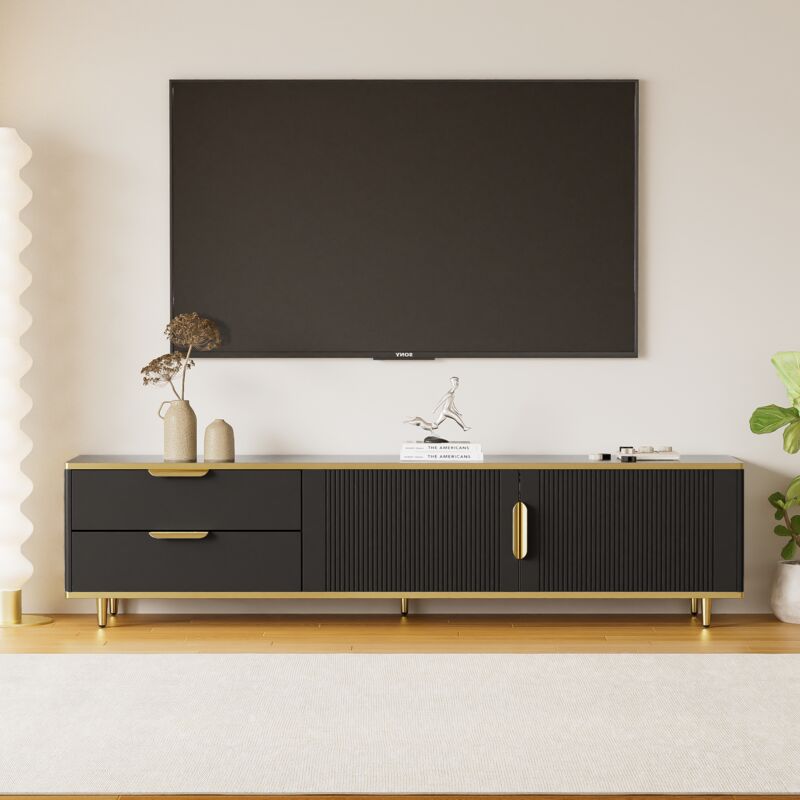 foto del prodotto mobile tv 175cm con texture incisa maniglie dorate, mobile tv soggiorno con 2 cassetti 2 ampi vani portaoggetti, nero