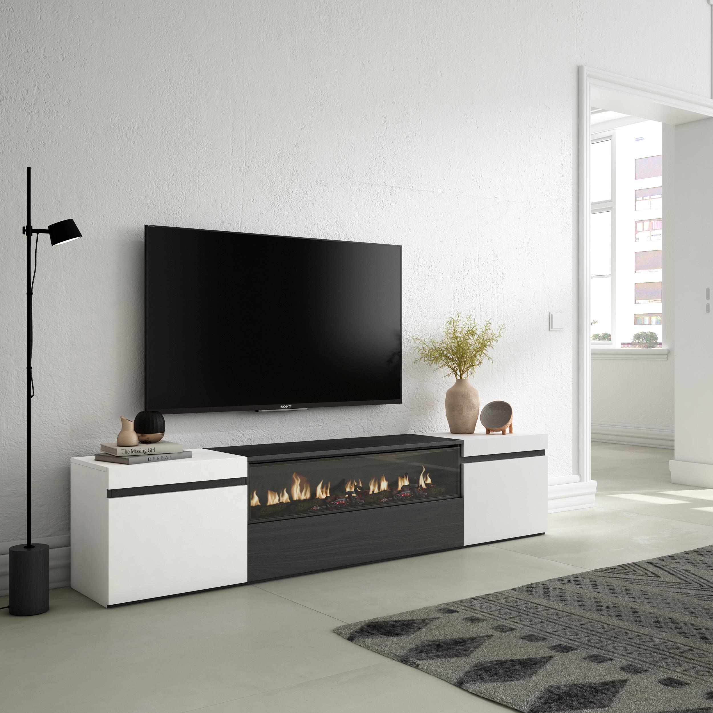 foto del prodotto mobile tv, 200x35x45cm, soggiorno, per tv fino a 80, camino elettrico, bianco e nero rf2169