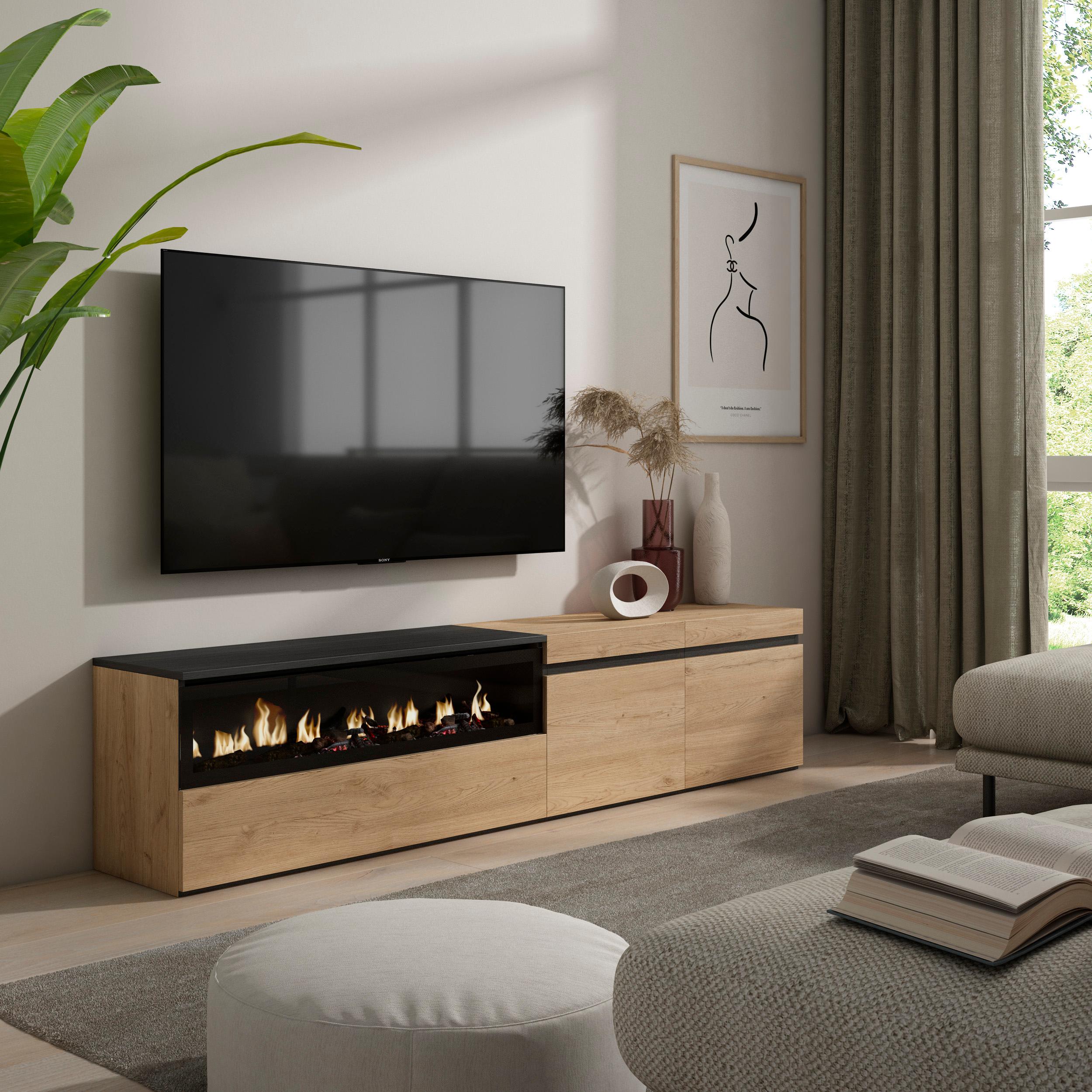 foto del prodotto mobile tv, 200x35x45cm, soggiorno, per tv fino a 80, camino elettrico, colore rovere e nero rf2145
