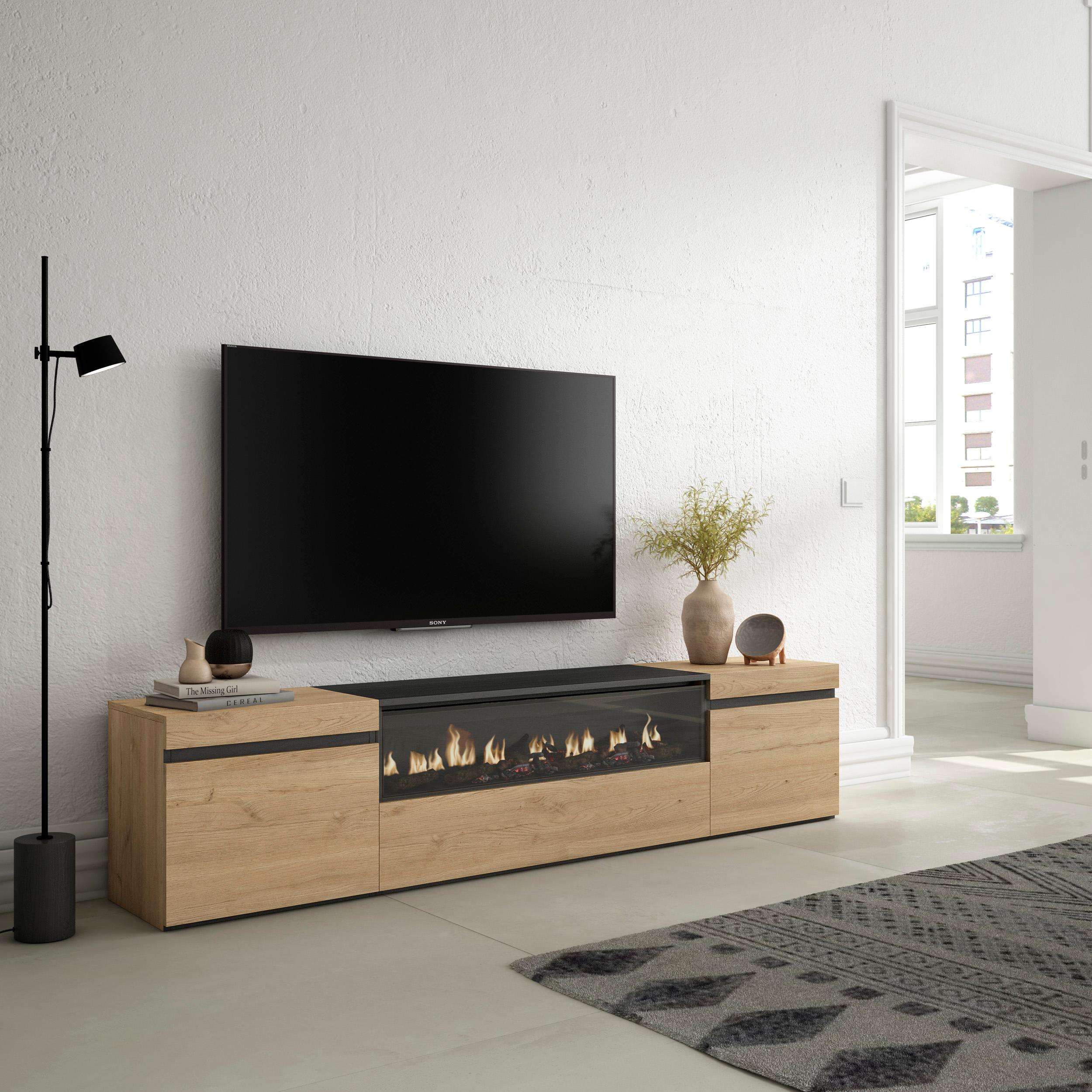 foto del prodotto mobile tv, 200x35x45cm, soggiorno, per tv fino a 80"", camino elettrico, colore rovere e nero rf2151