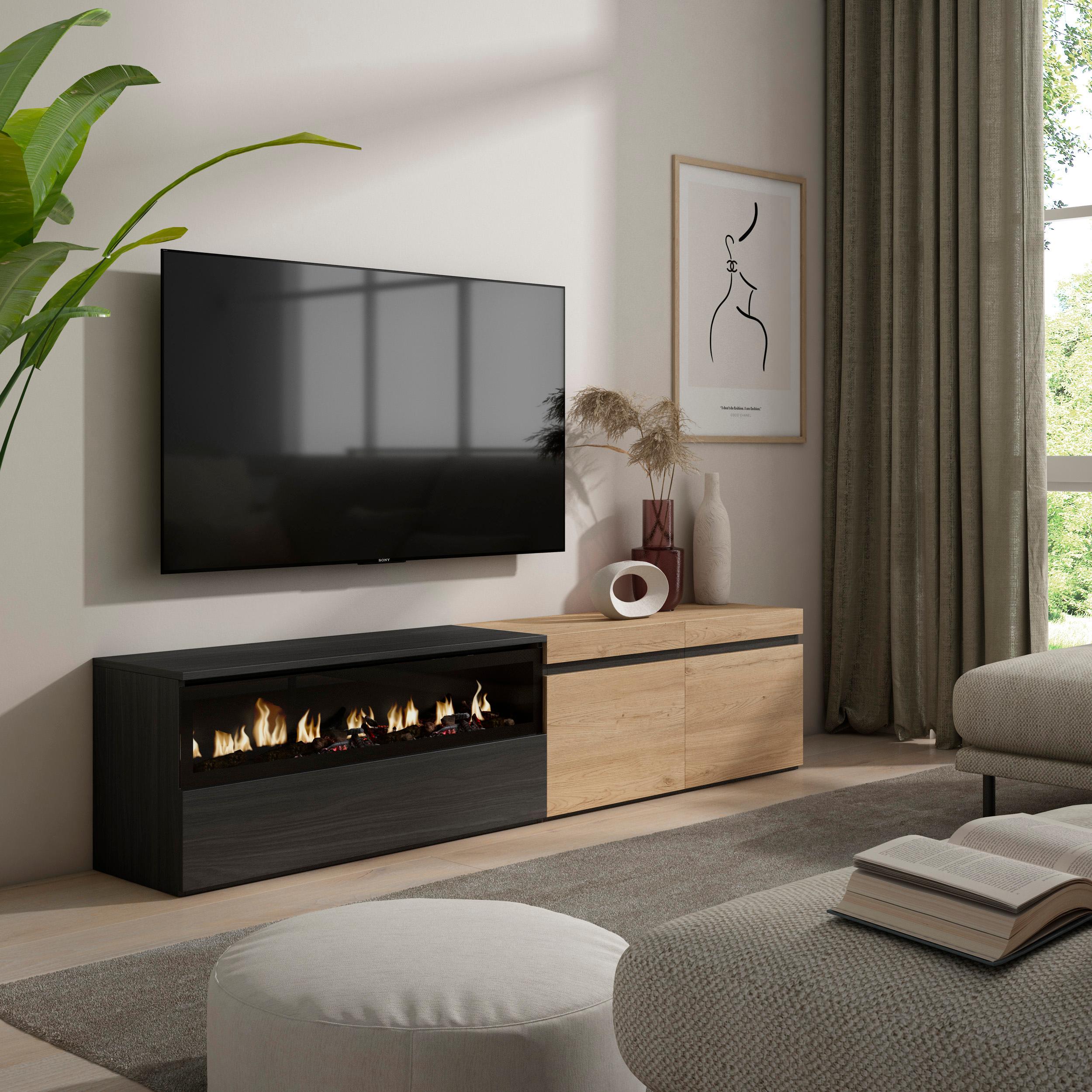 foto del prodotto mobile tv, 200x35x45cm, soggiorno, per tv fino a 80 , camino elettrico, colore rovere e nero rf2253