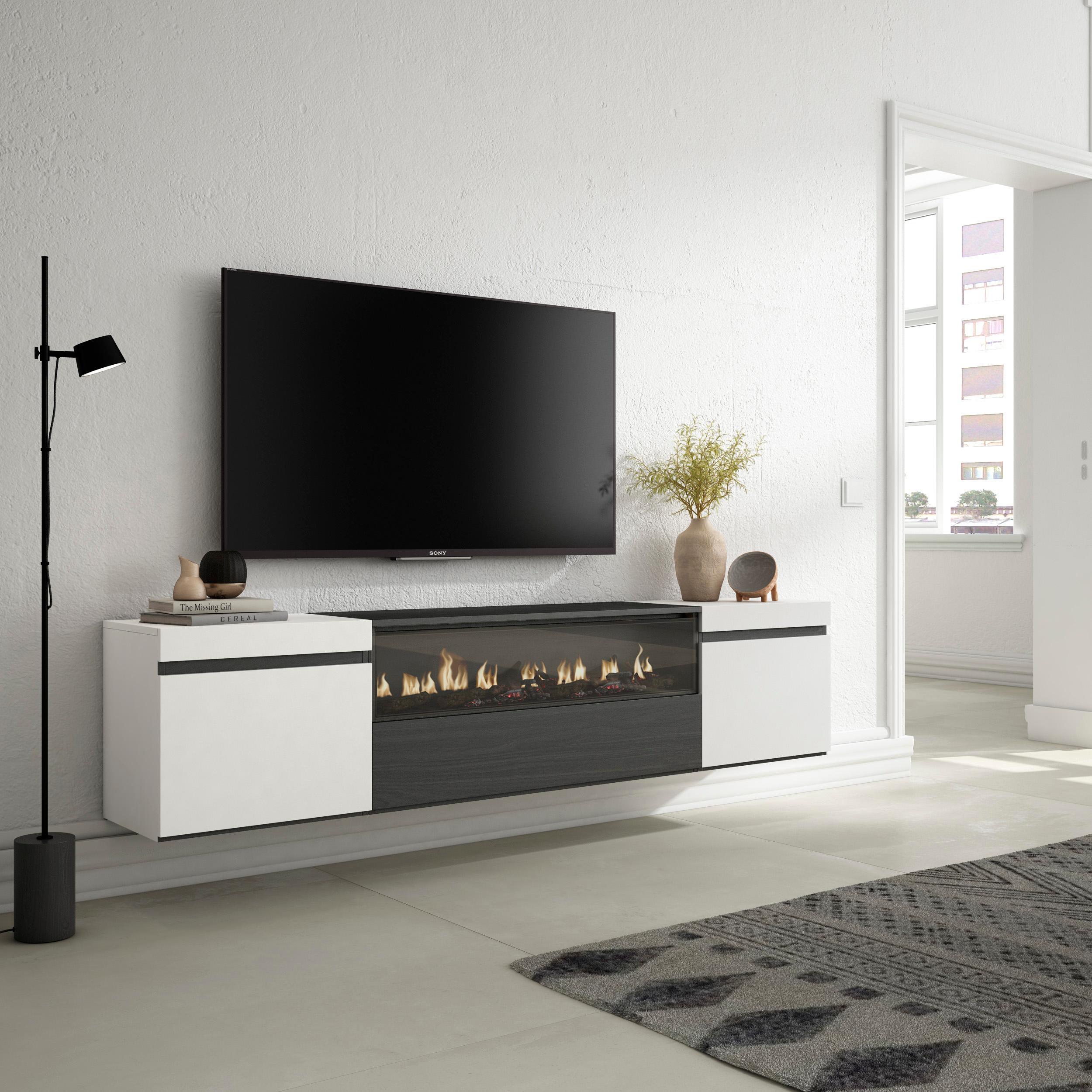 foto del prodotto mobile tv, 200x35x45cm, soggiorno, per tv fino a 80, camino elettrico, da appendere, bianco e nero rf2171