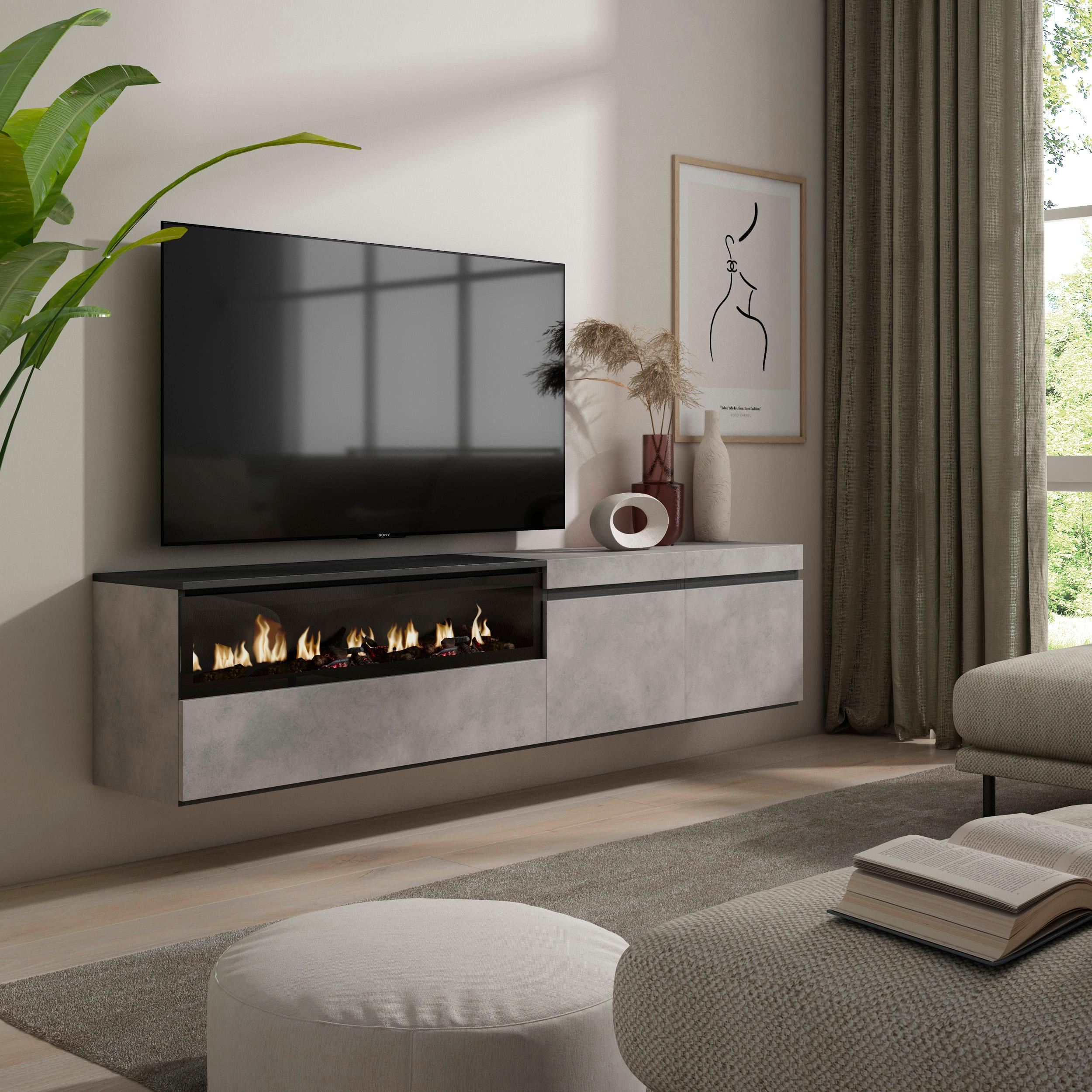 foto del prodotto mobile tv, 200x35x45cm, soggiorno, per tv fino a 80, camino elettrico, da appendere, grigio cemento rf2219