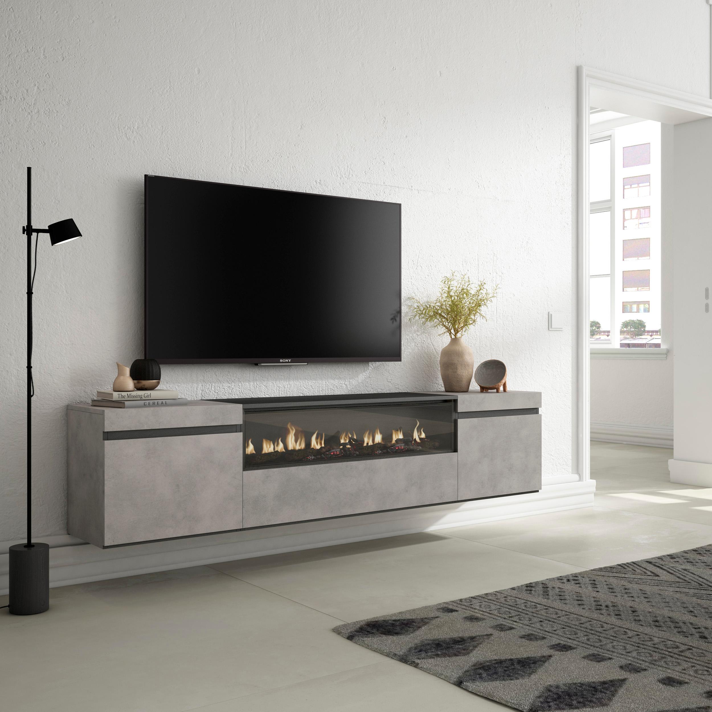 foto del prodotto mobile tv, 200x35x45cm, soggiorno, per tv fino a 80, camino elettrico, da appendere, grigio cemento rf2225