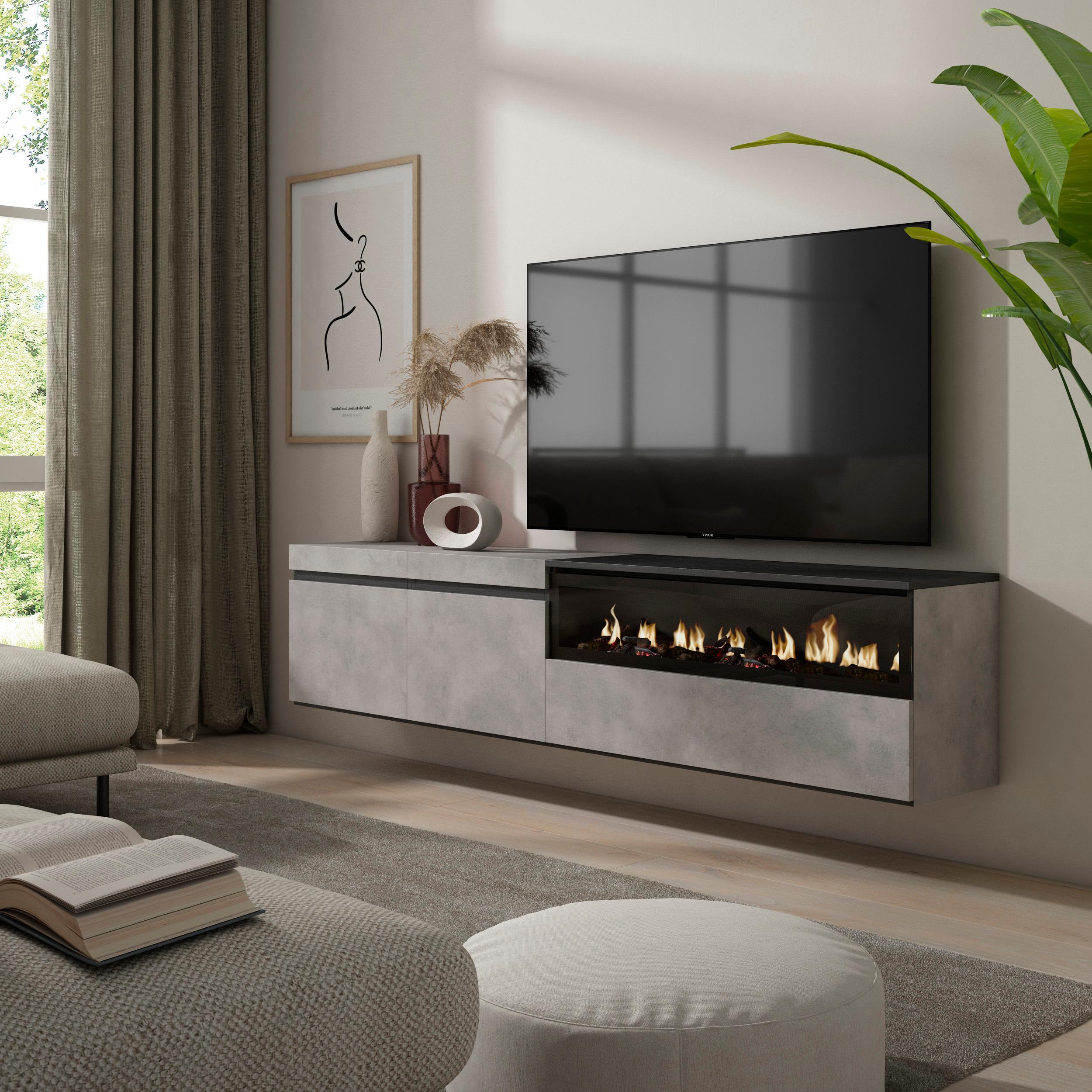 foto del prodotto mobile tv, 200x35x45cm, soggiorno, per tv fino a 80, camino elettrico, da appendere, grigio cemento rf2231
