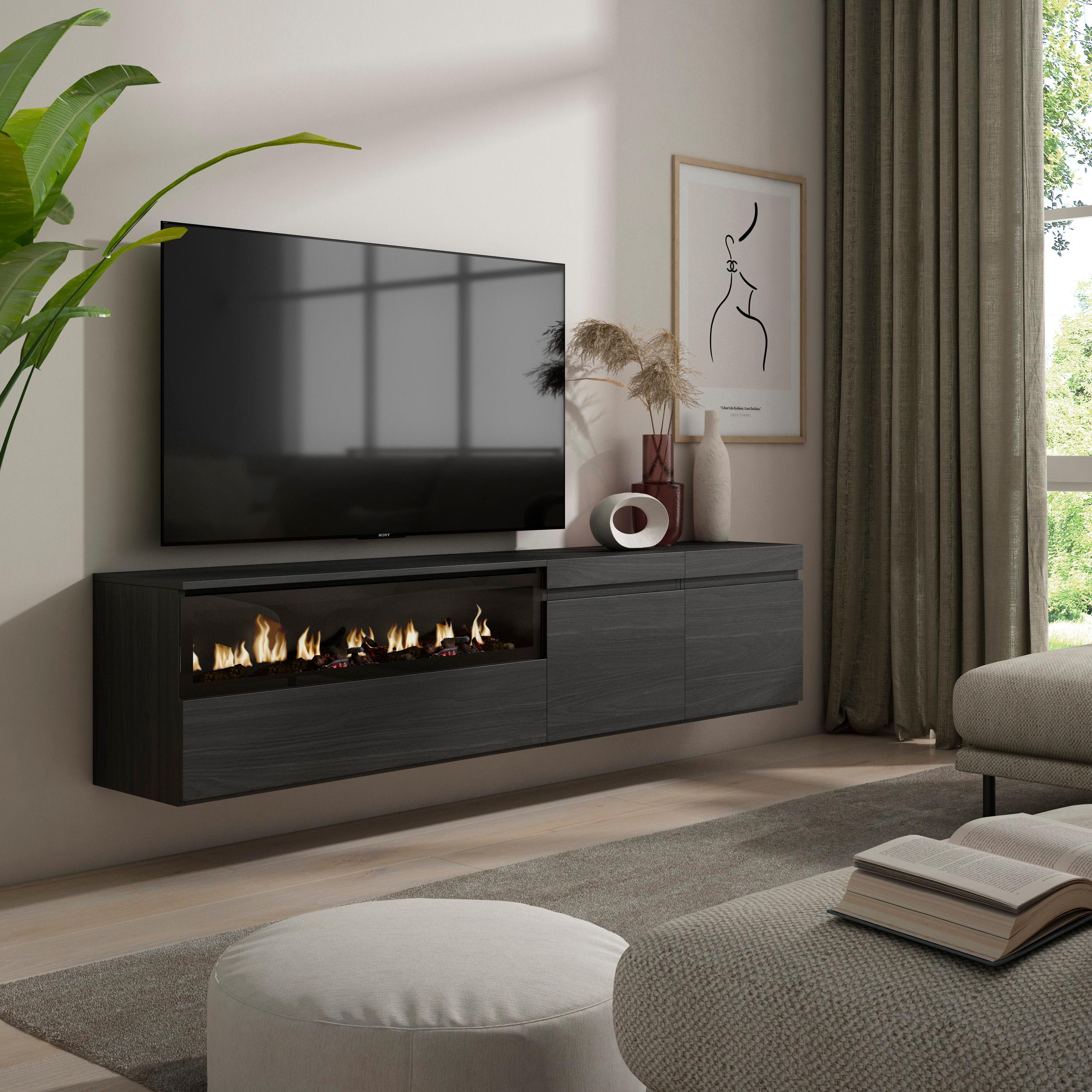 foto del prodotto mobile tv, 200x35x45cm, soggiorno, per tv fino a 80, camino elettrico, da appendere, nero rf2183
