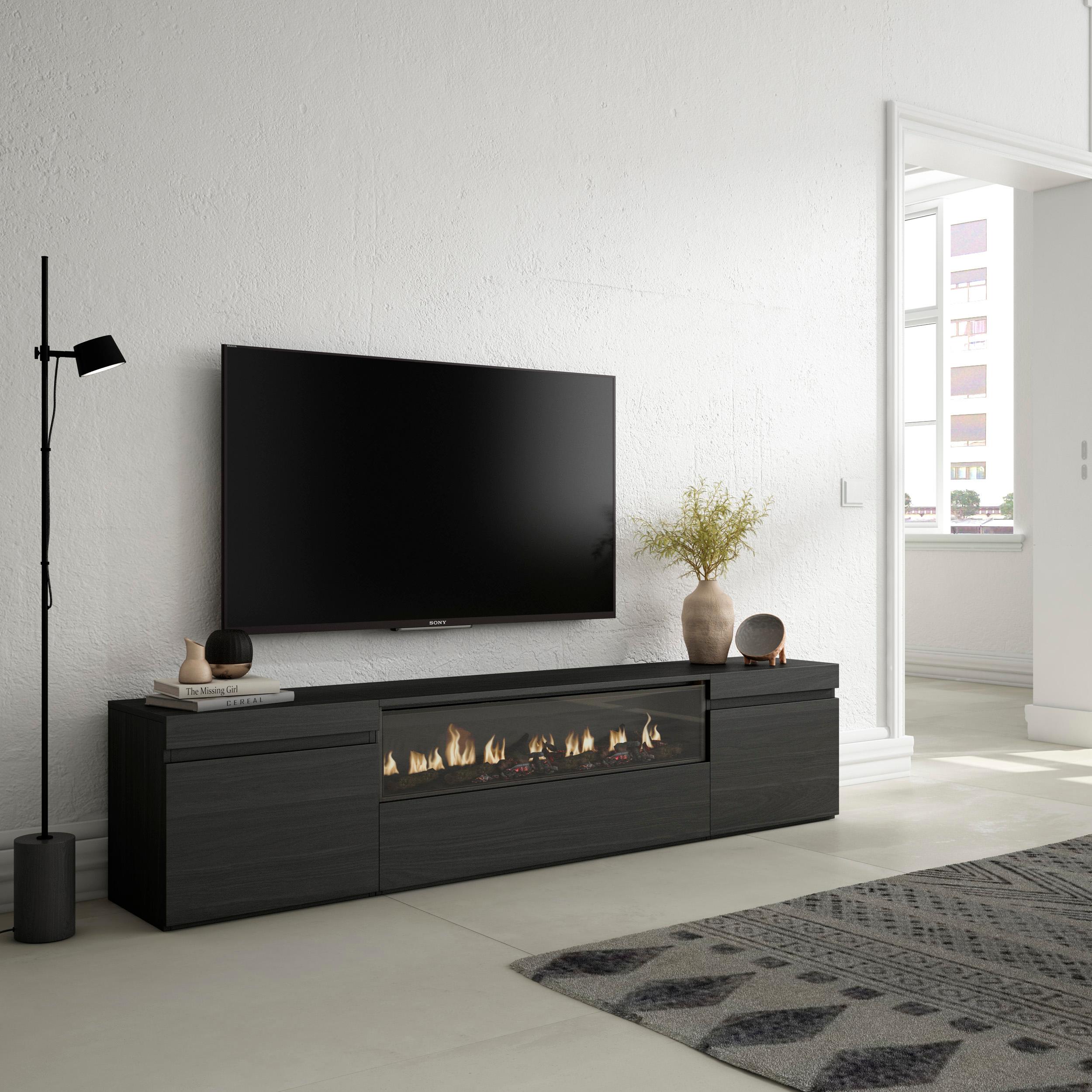 foto del prodotto mobile tv, 200x35x45cm, soggiorno, per tv fino a 80, camino elettrico, nero rf2187