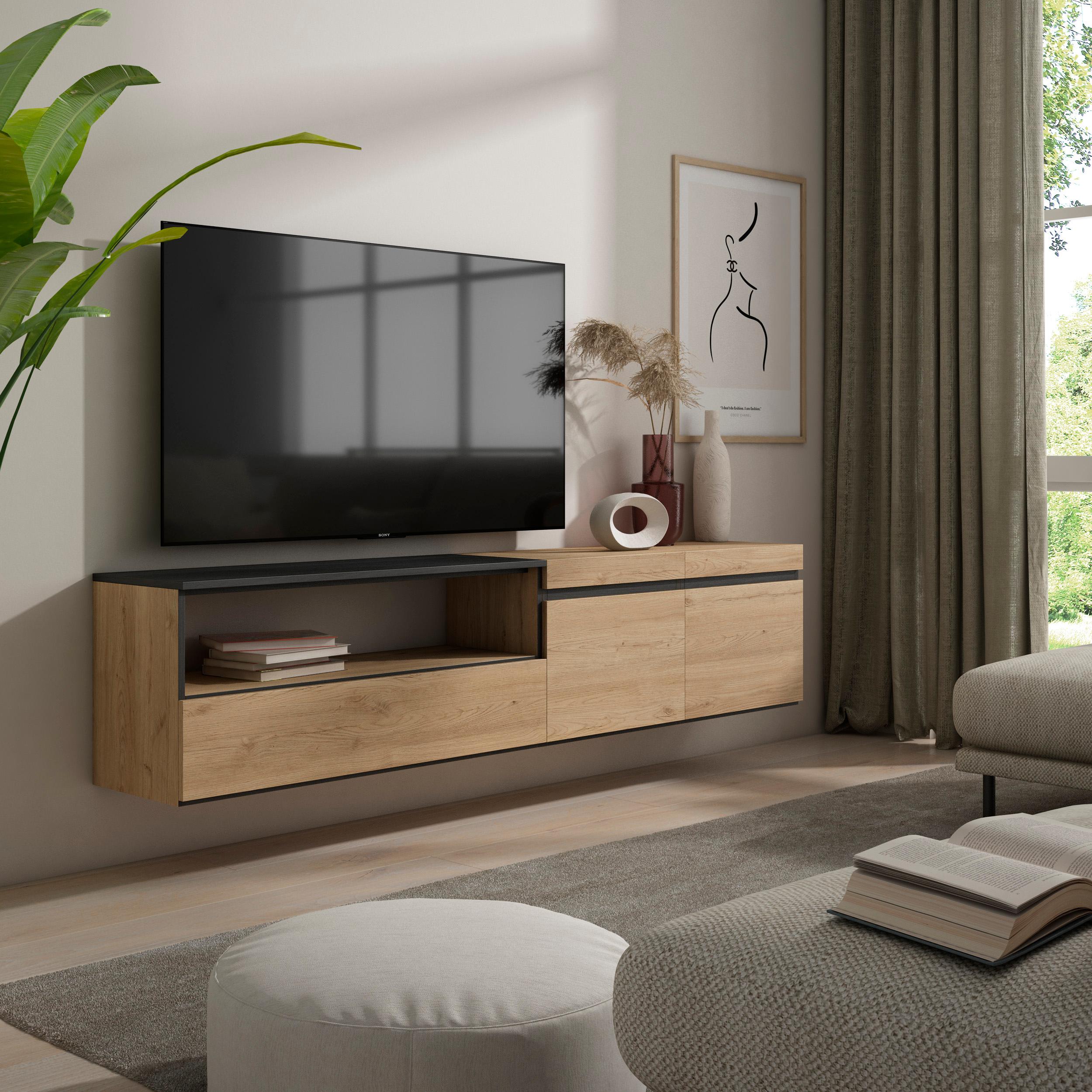 foto del prodotto mobile tv, 200x35x45cm, soggiorno, per tv fino a 80, da appendere, colore rovere e nero rf2144