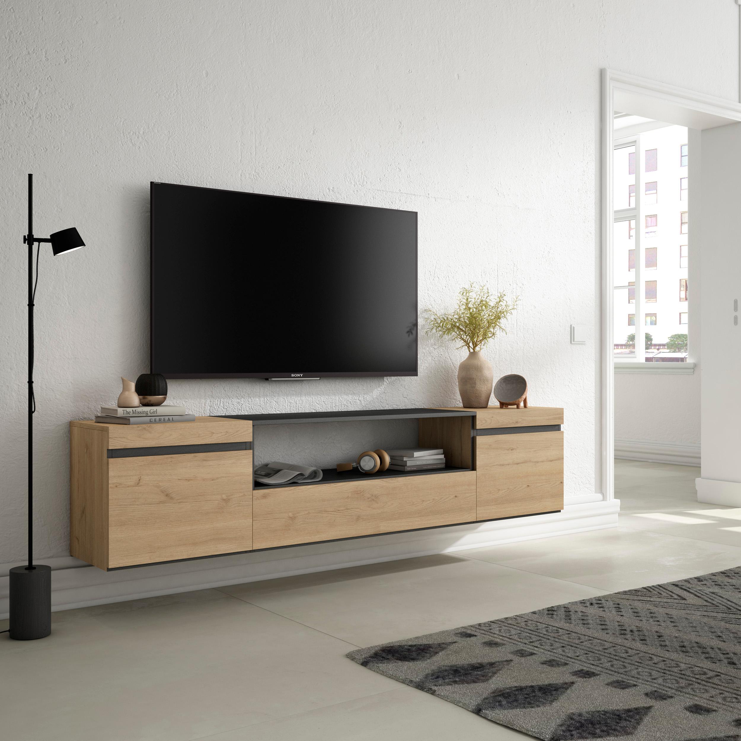 foto del prodotto mobile tv, 200x35x45cm, soggiorno, per tv fino a 80, da appendere, colore rovere e nero rf2150