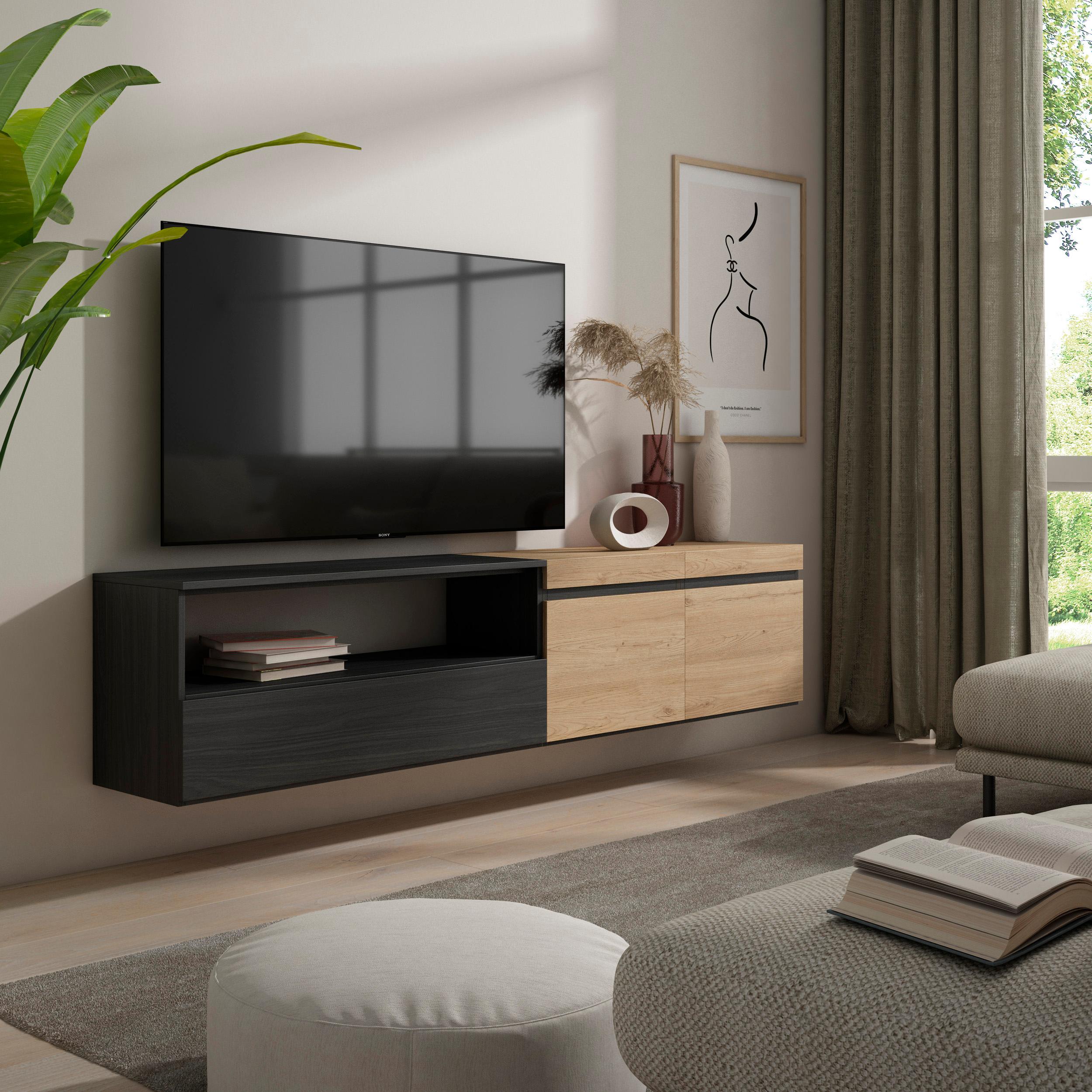 foto del prodotto mobile tv, 200x35x45cm, soggiorno, per tv fino a 80"", da appendere, colore rovere e nero rf2252
