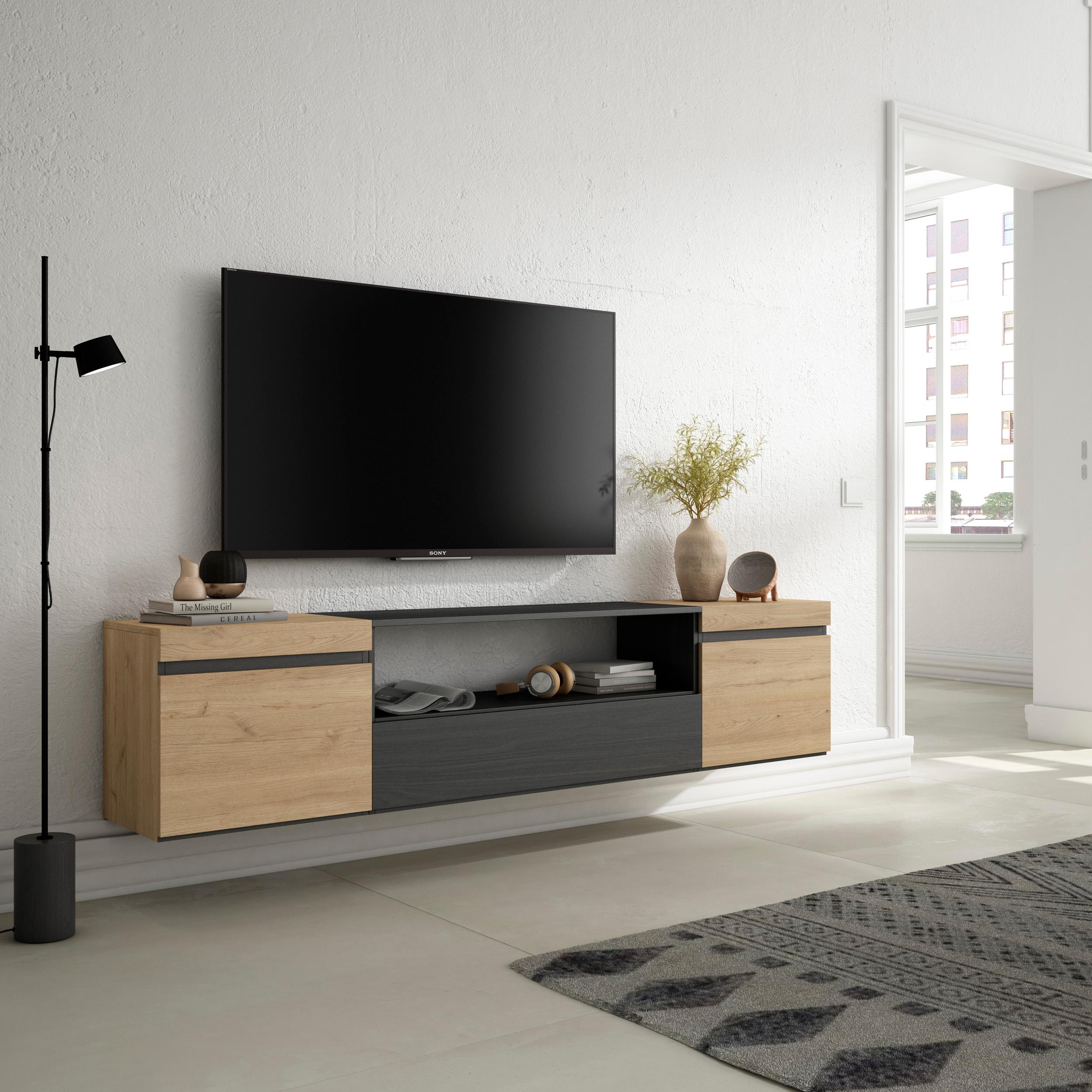 foto del prodotto mobile tv, 200x35x45cm, soggiorno, per tv fino a 80, da appendere, colore rovere e nero rf2258