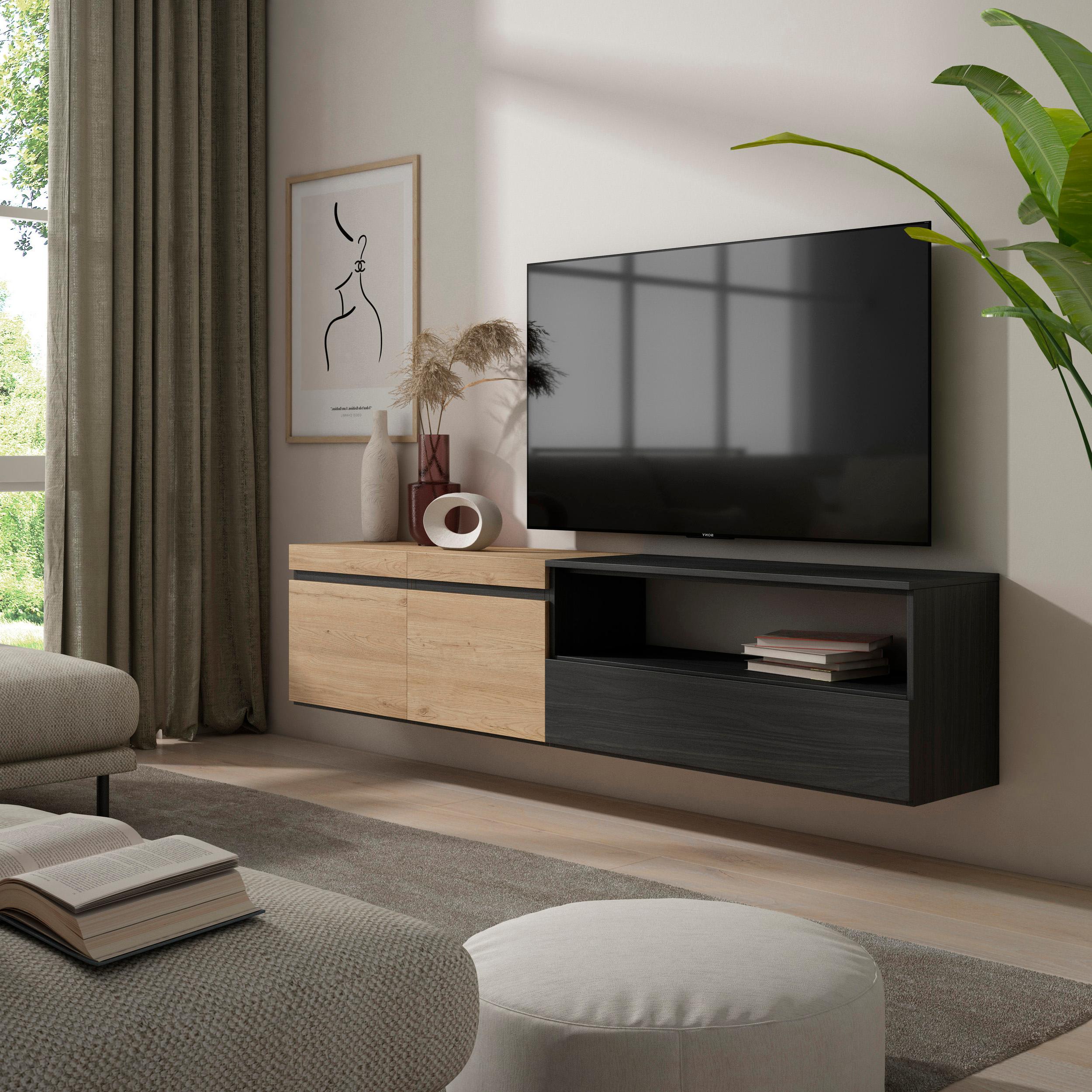 foto del prodotto mobile tv, 200x35x45cm, soggiorno, per tv fino a 80"", da appendere, colore rovere e nero rf2264