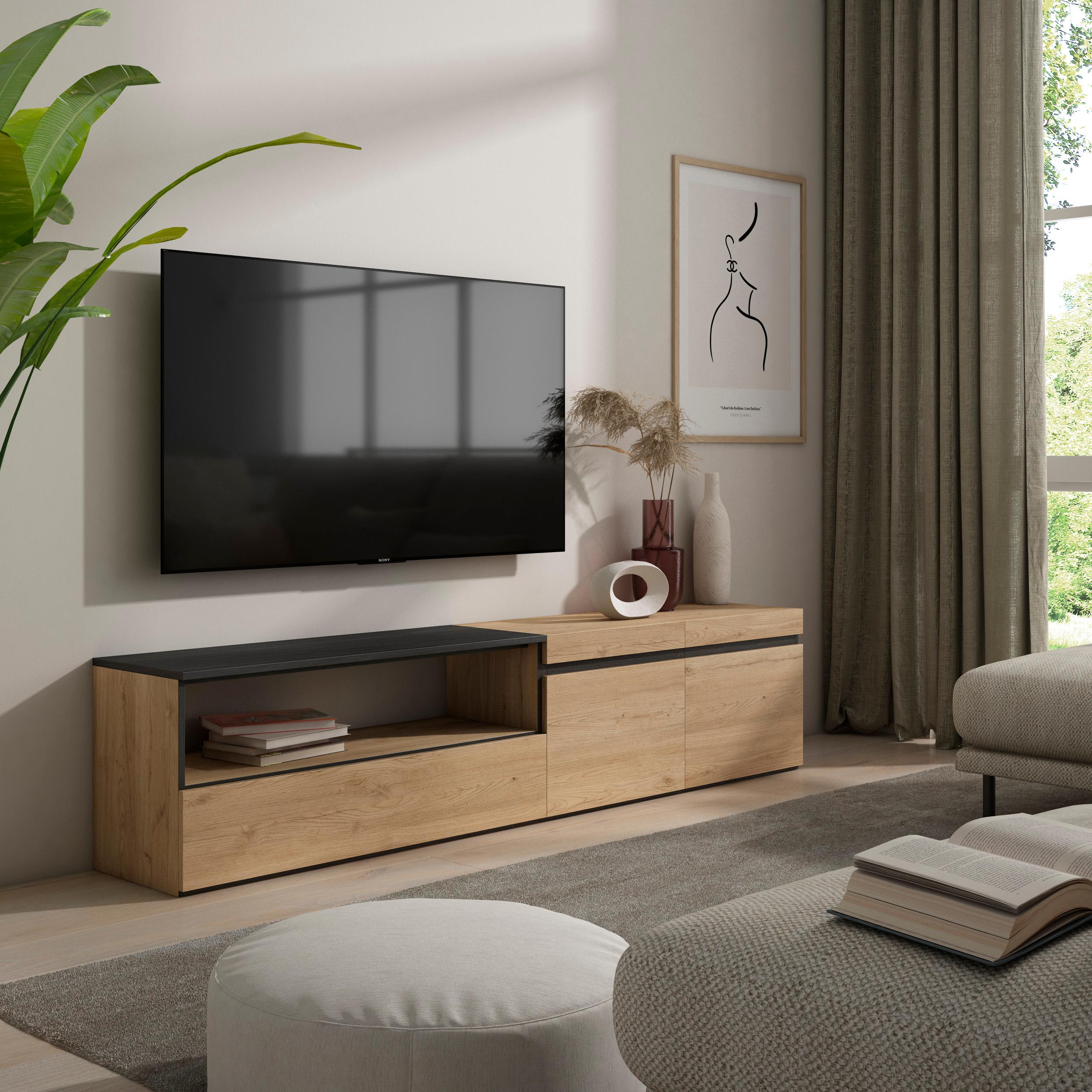 foto del prodotto mobile tv, 200x35x45cm, soggiorno, per tv fino a 80"", mobile soggiorno, colore rovere e nero rf2142