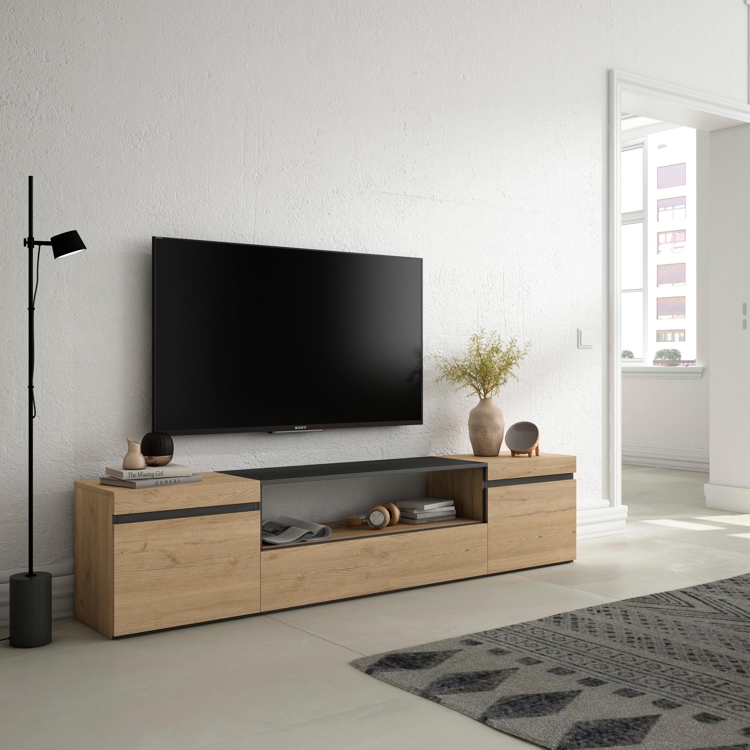 foto del prodotto mobile tv, 200x35x45cm, soggiorno, per tv fino a 80, mobile soggiorno, colore rovere e nero rf2148