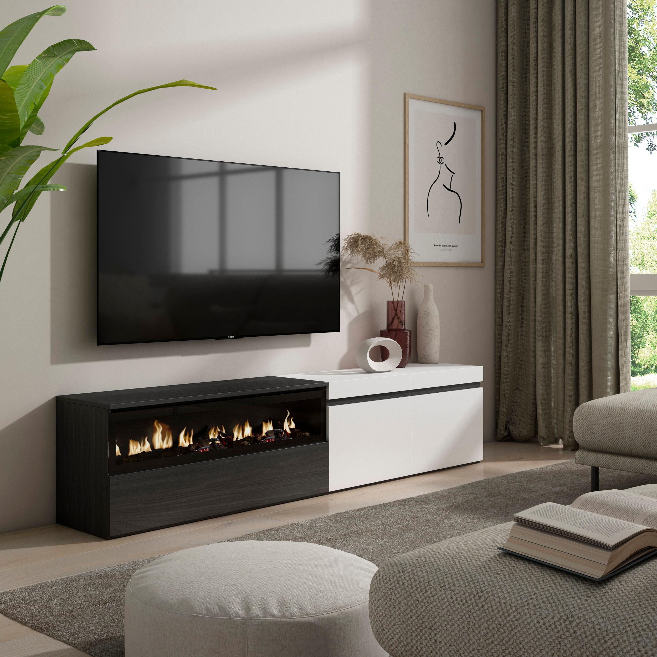 foto del prodotto mobile tv, 200x35x45cm, soggiorno, per tv fino a 80 quot , camino elettrico, bianco e nero rf2163